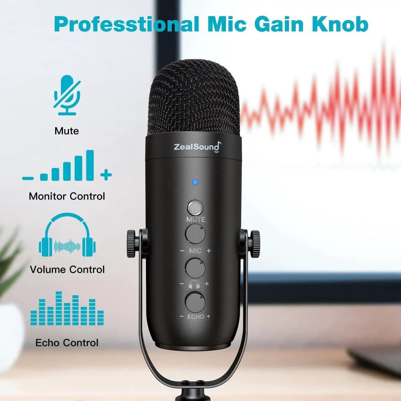 Alt view image 6 of 6 - Podcast Condenser USB Mic with Boom Arm,Supercardioid Microphone with Mute Button,Echo Volume Gain Knob,Adjust Monitor for Phone PC Computer Tablet Streaming Recording