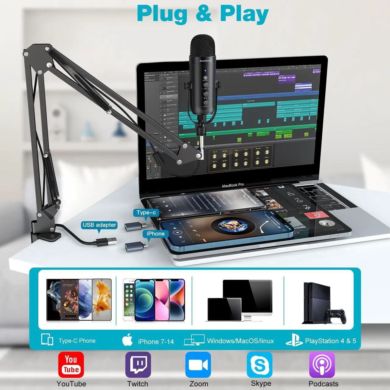 Alt view image 5 of 6 - Podcast Condenser USB Mic with Boom Arm,Supercardioid Microphone with Mute Button,Echo Volume Gain Knob,Adjust Monitor for Phone PC Computer Tablet Streaming Recording