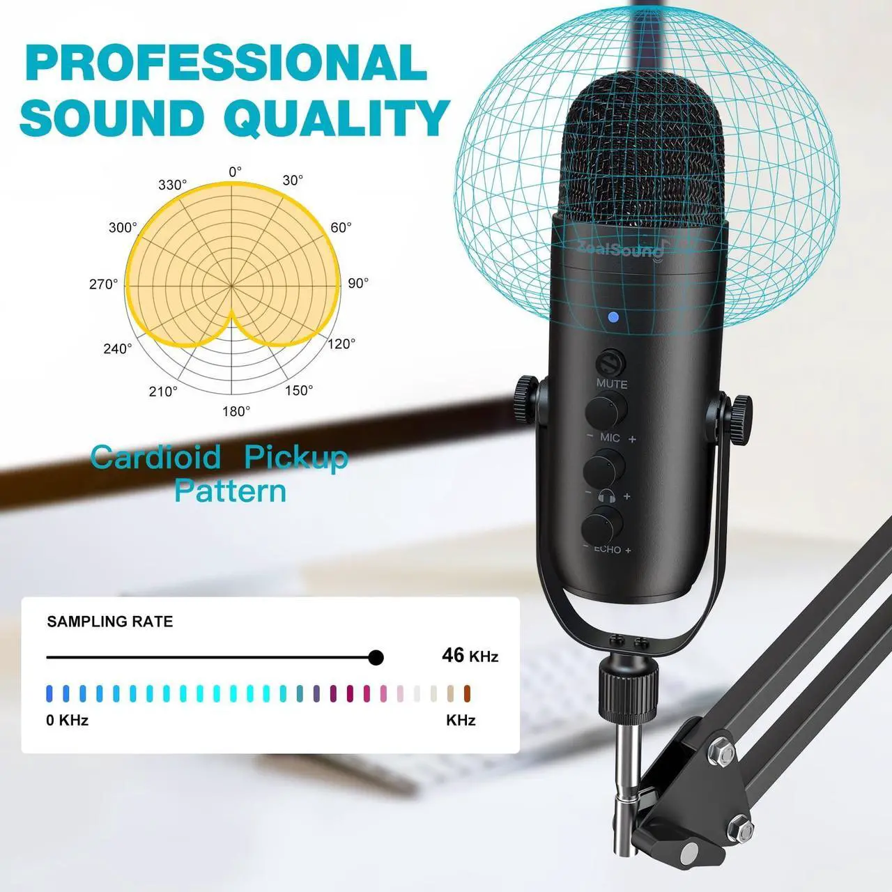 Alt view image 2 of 6 - Podcast Condenser USB Mic with Boom Arm,Supercardioid Microphone with Mute Button,Echo Volume Gain Knob,Adjust Monitor for Phone PC Computer Tablet Streaming Recording