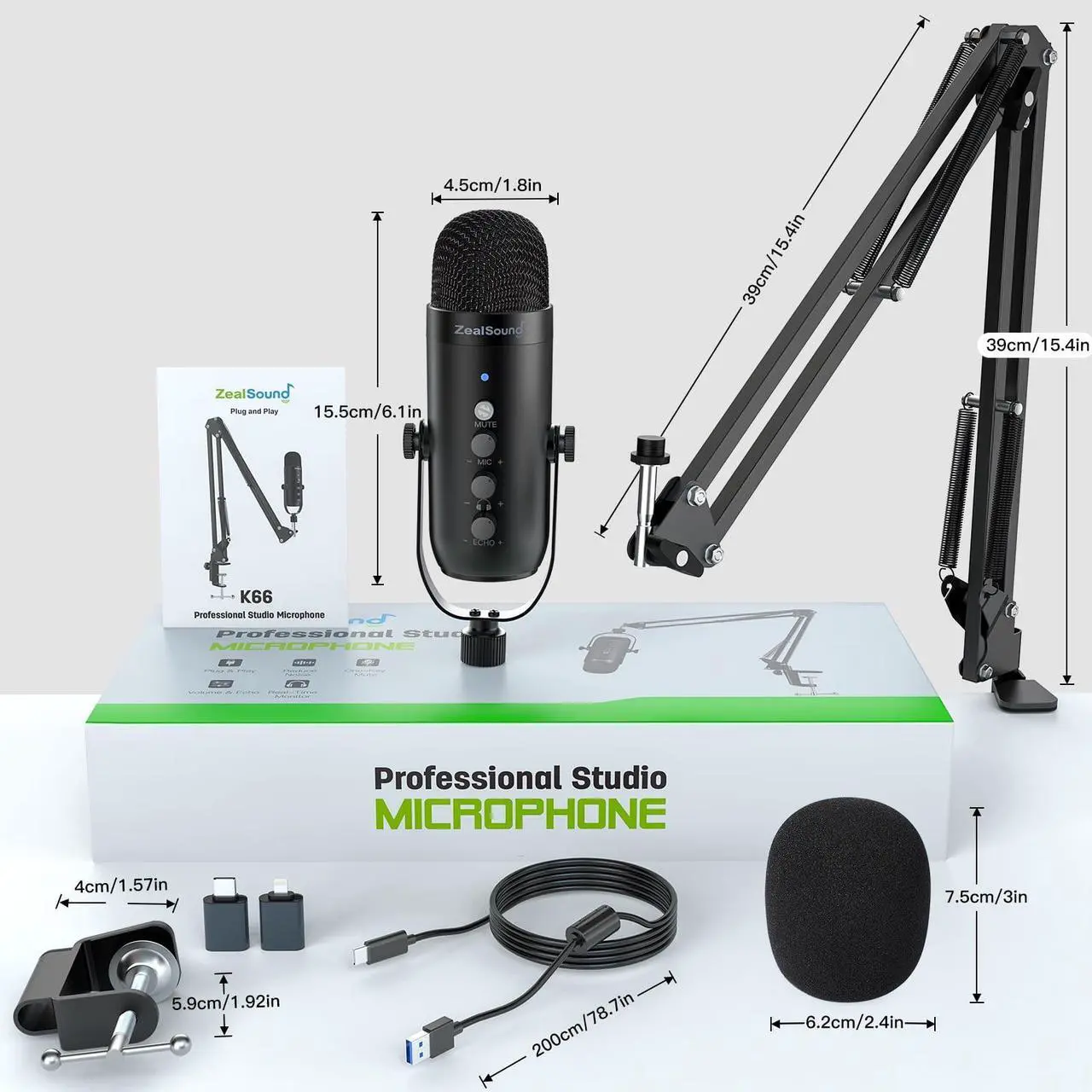 Alt view image 4 of 6 - Podcast Condenser USB Mic with Boom Arm,Supercardioid Microphone with Mute Button,Echo Volume Gain Knob,Adjust Monitor for Phone PC Computer Tablet Streaming Recording