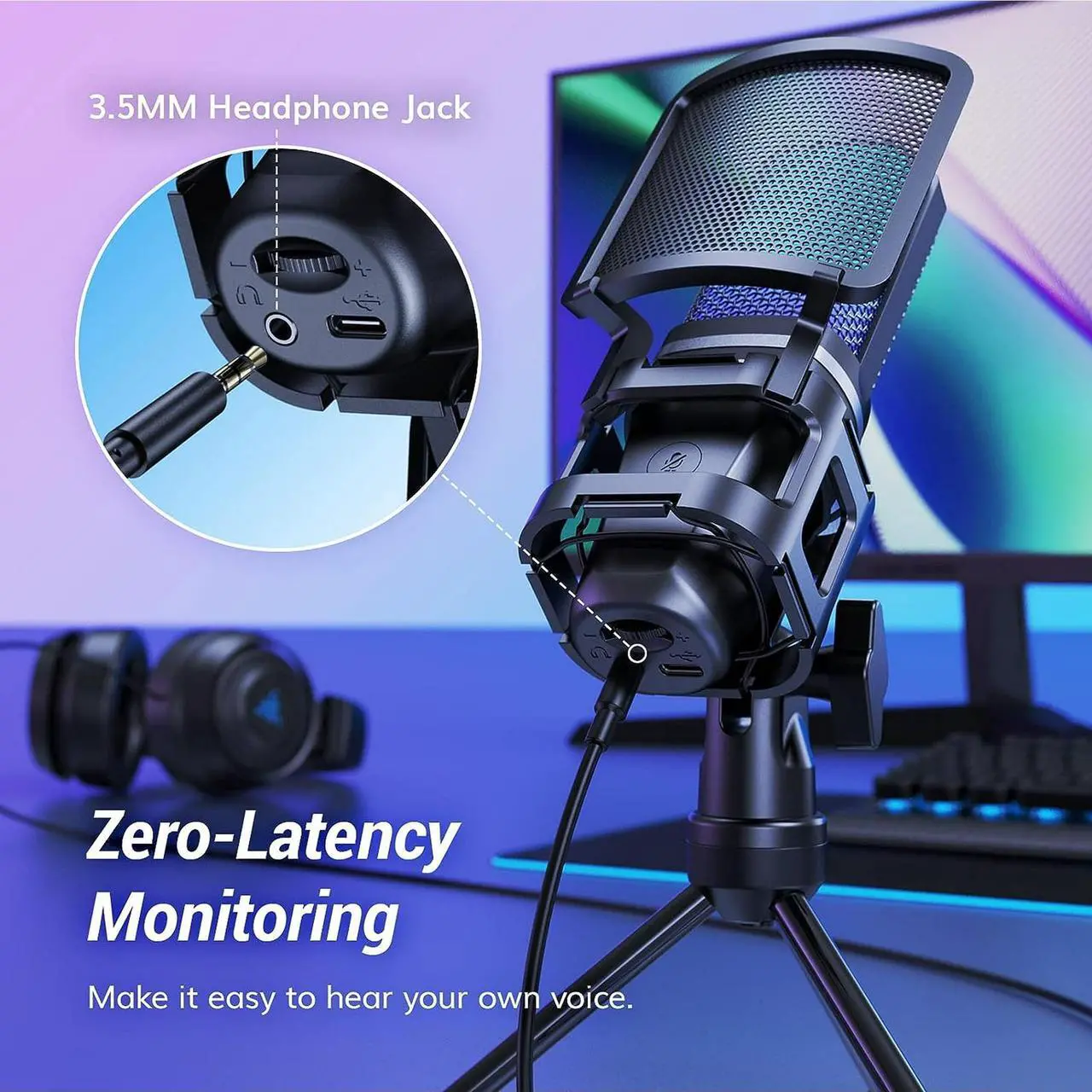 Alt view image 2 of 7 - USB Microphone Computer Gaming Condenser Mic, Noise-Canceling Zero Latency Monitoring ORCA001