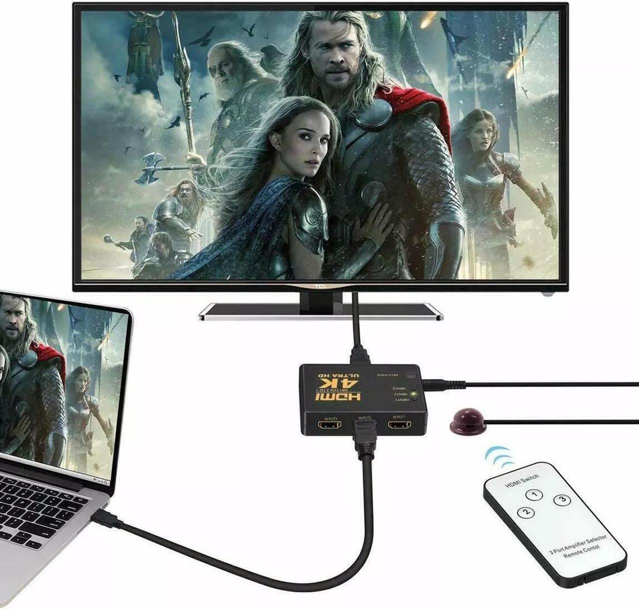 Alt view image 4 of 5 - 4K HDMI 2.0 Cable Splitter Switcher Box Hub IR Remote Control 3X1 Power 3 to 1