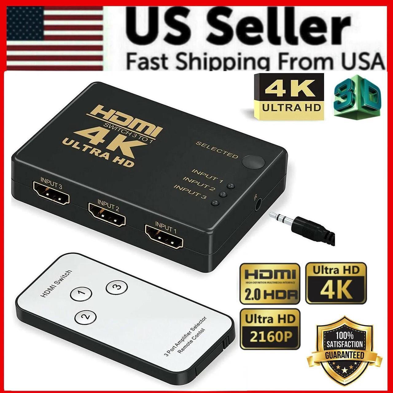 Main image of 4K HDMI 2.0 Cable Splitter Switcher Box Hub IR Remote Control 3X1 Power 3 to 1
