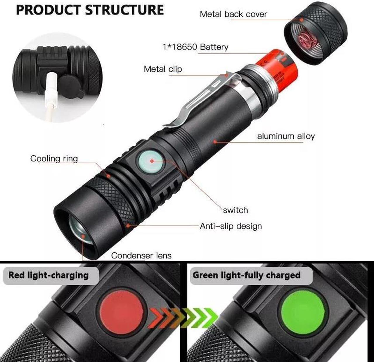 Alt view image 4 of 7 - Super Bright 90000LM LED Tactical Flashlight Zoomable With Rechargeable Battery