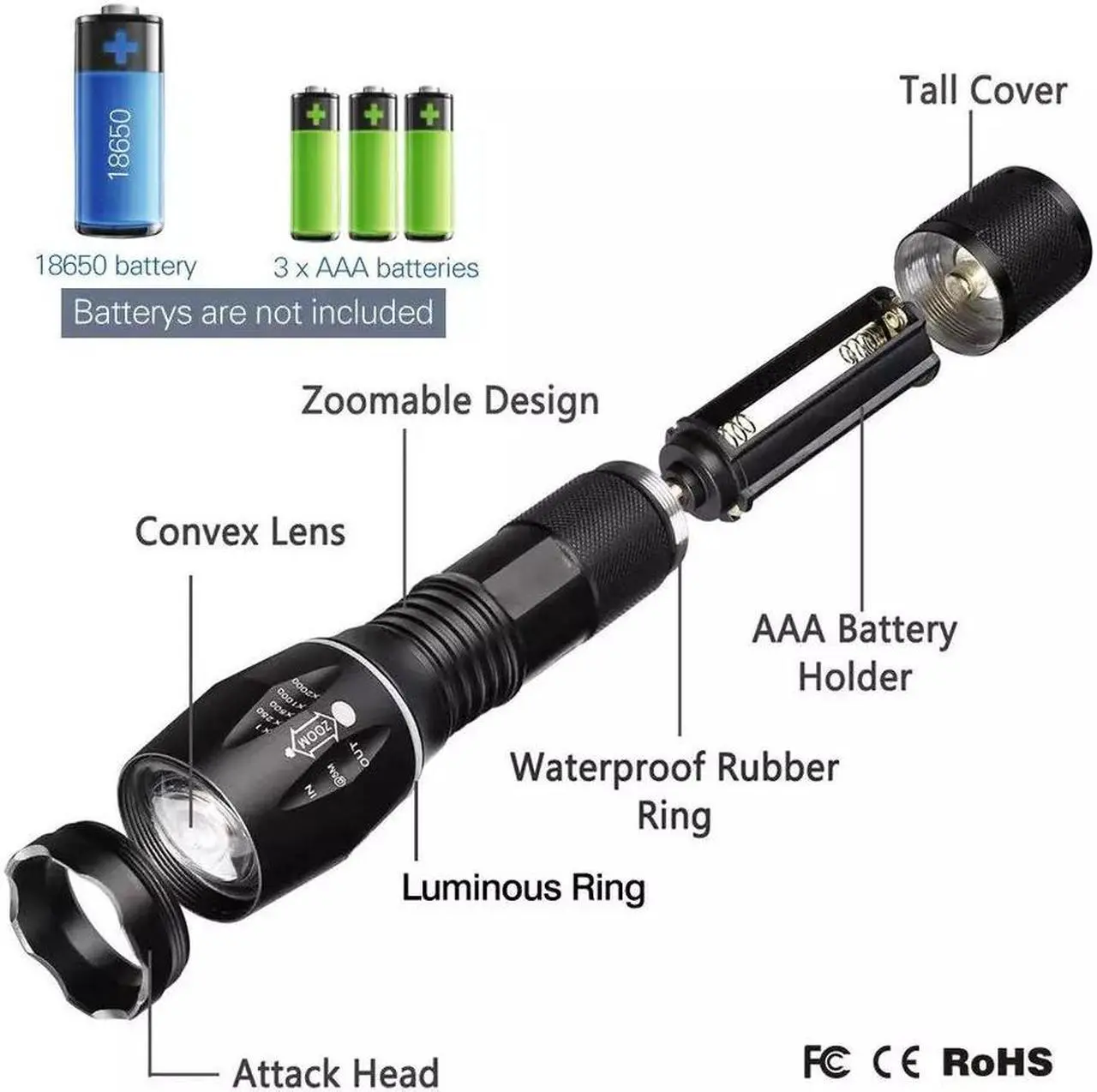 Alt view image 2 of 7 - Super-Bright 90000LM LED Tactical Flashlight 5 Modes Zoomable Torch Searchlight