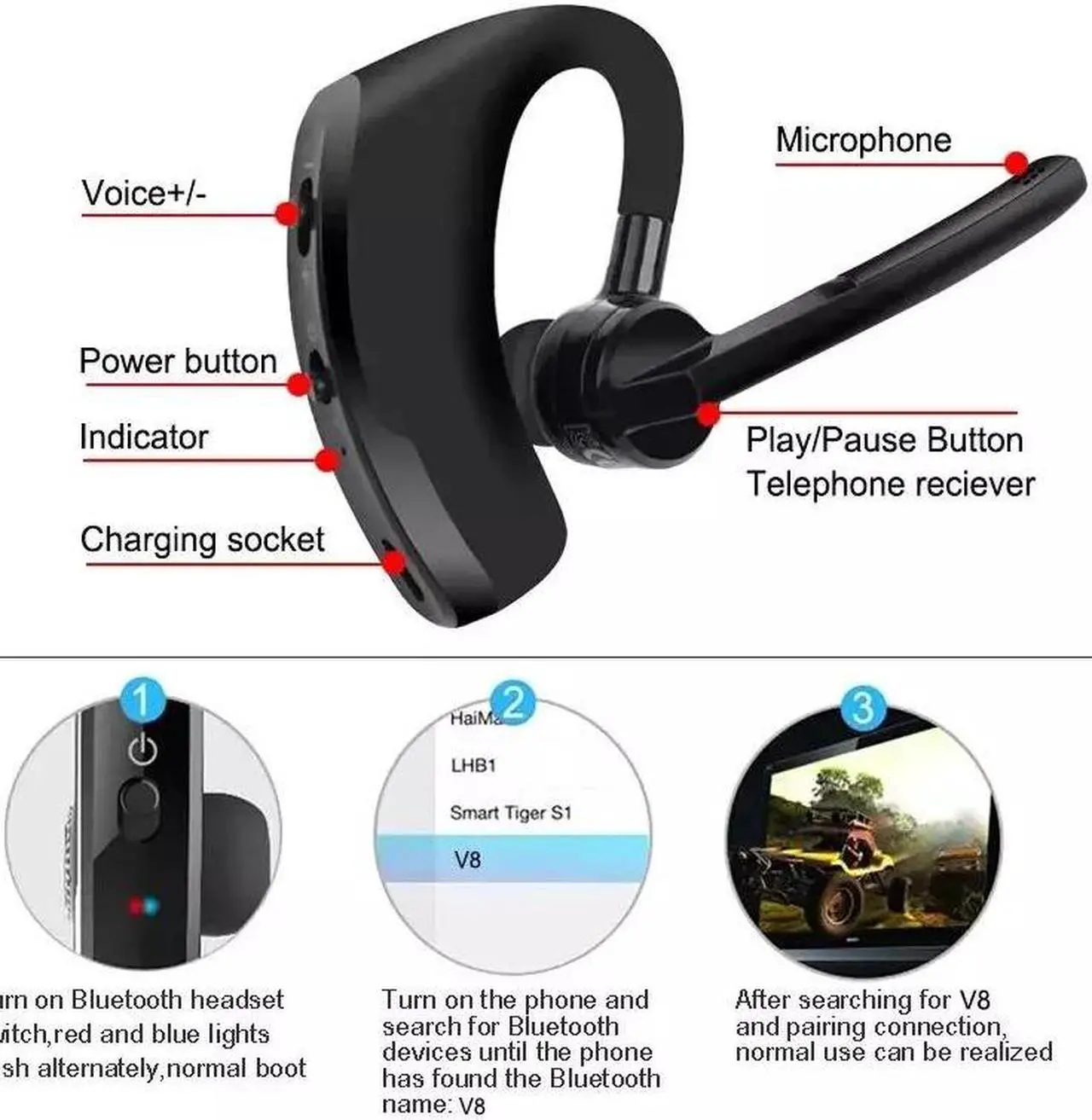 Alt view image 3 of 7 - Bluetooth Earpiece Wireless Headset Noise Cancelling Headphones Driver Trucker