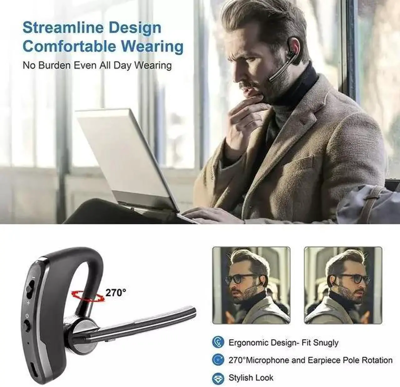 Alt view image 7 of 7 - Bluetooth Earpiece Wireless Headset Noise Cancelling Headphones Driver Trucker
