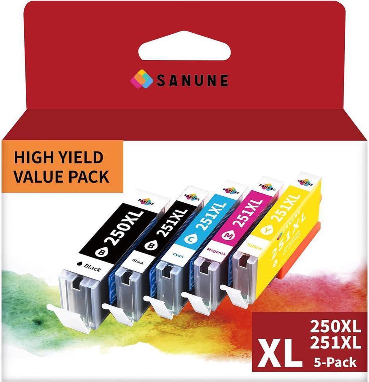 SANUNE PGI-250XL CLI-251XL 5-Color Value Pack Replacement for Ink 250 and 251 Cartridges, 250 251 Ink Cartridge for MX922 MX722 MX920 IP7220 IP8720 IX6820 MG5420 MG5422 MG5500 MG5520