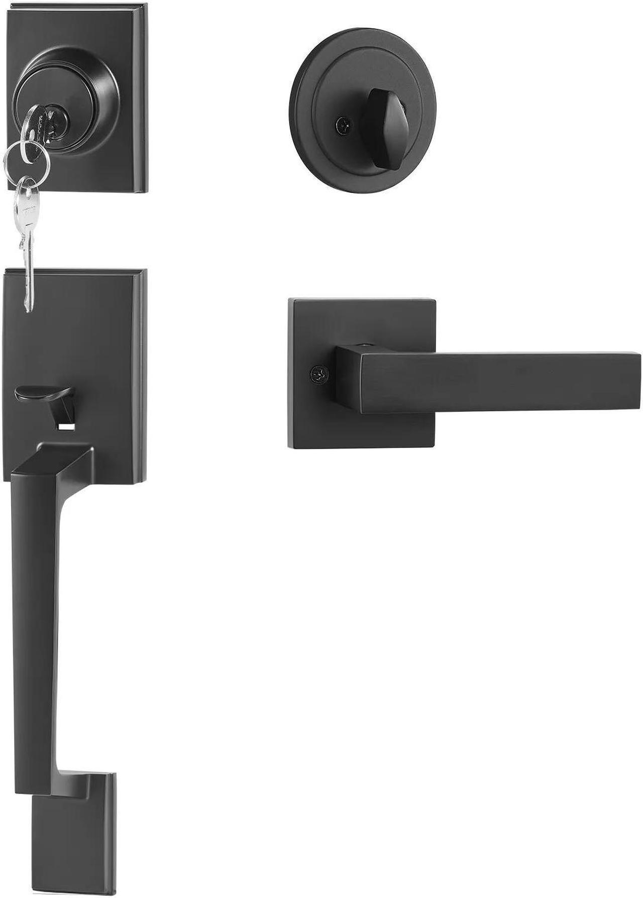 Door Handle and Deadbolt Set Matte Black Square Handle with Lever