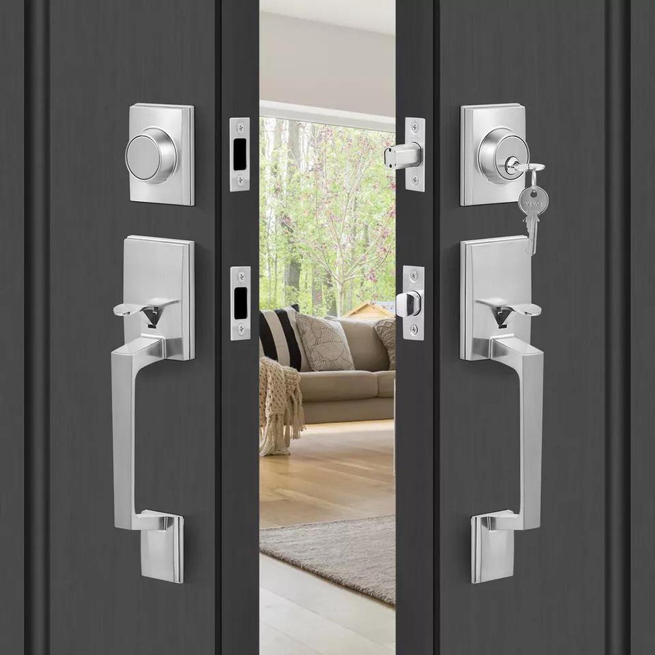 Door Handle Set Double Door Lock Set Satin Nickel Square Door Lever