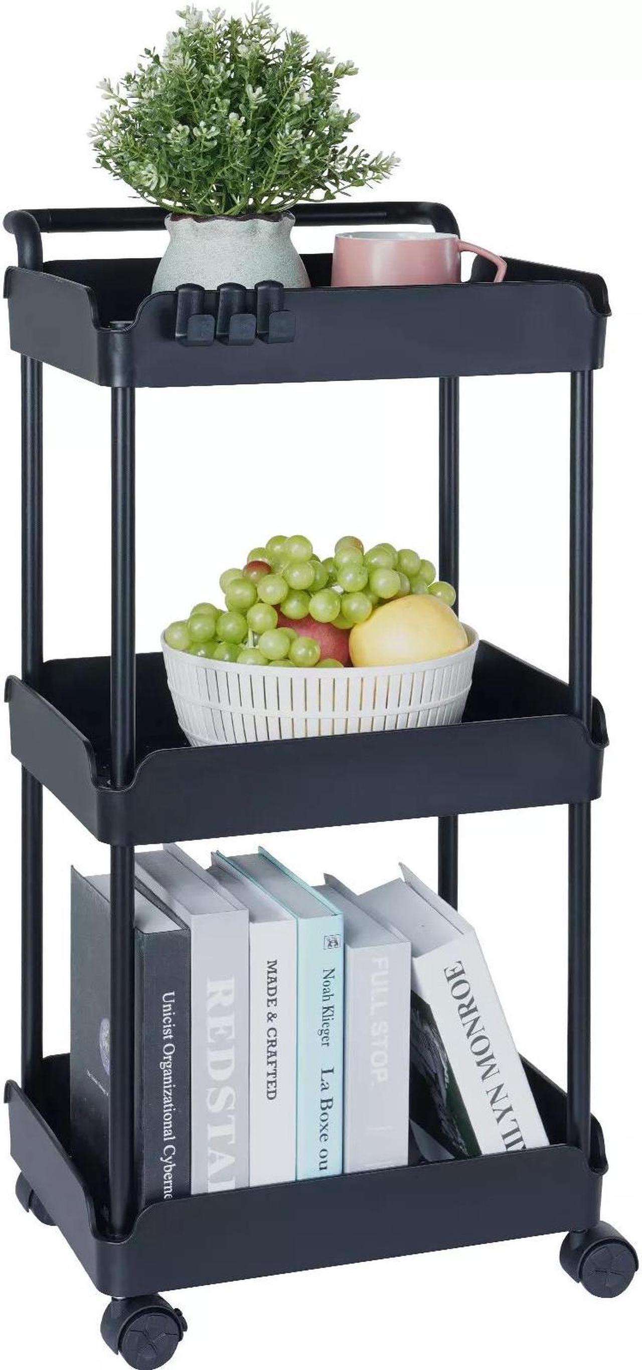 3-Tier Kitchen Rolling Cart Basket Utility Cart on Wheel with Handle Black