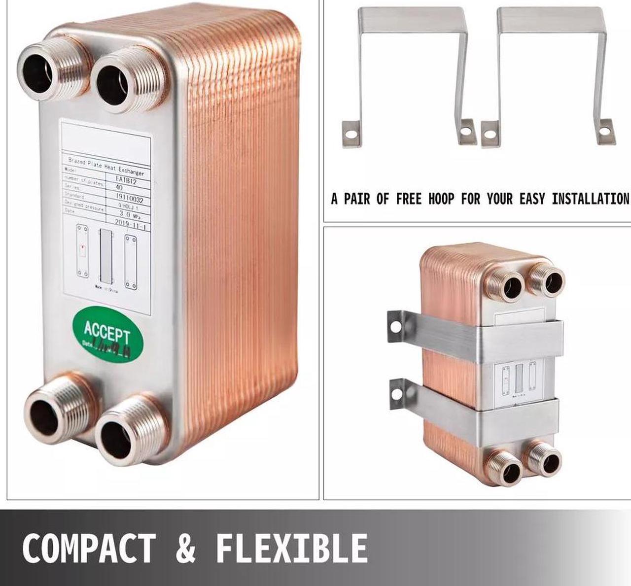 Heat Exchanger Brazed Plate Heat Exchanger 3/4" MNPT 40-Plate for Heating