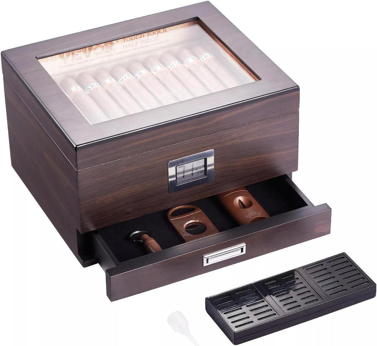 50 Cigar Humidor Glasstop Cedar Cigar Box Humidifier & Hygrometer & Drawer