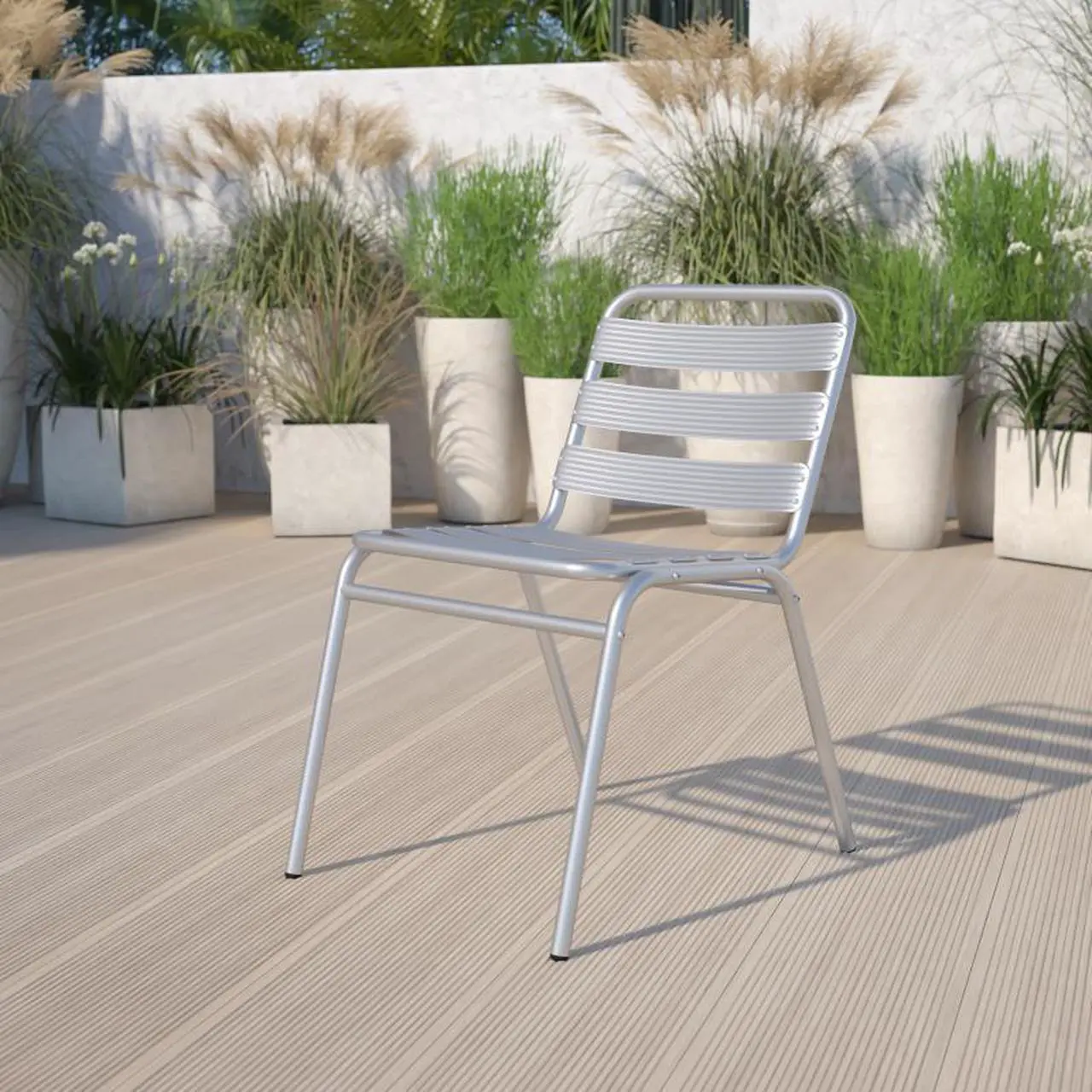 Alt view image 15 of 17 - Flash Furniture 4 Pack Commercial Aluminum Indoor-Outdoor Restaurant Stack Chair with Triple Slat Back