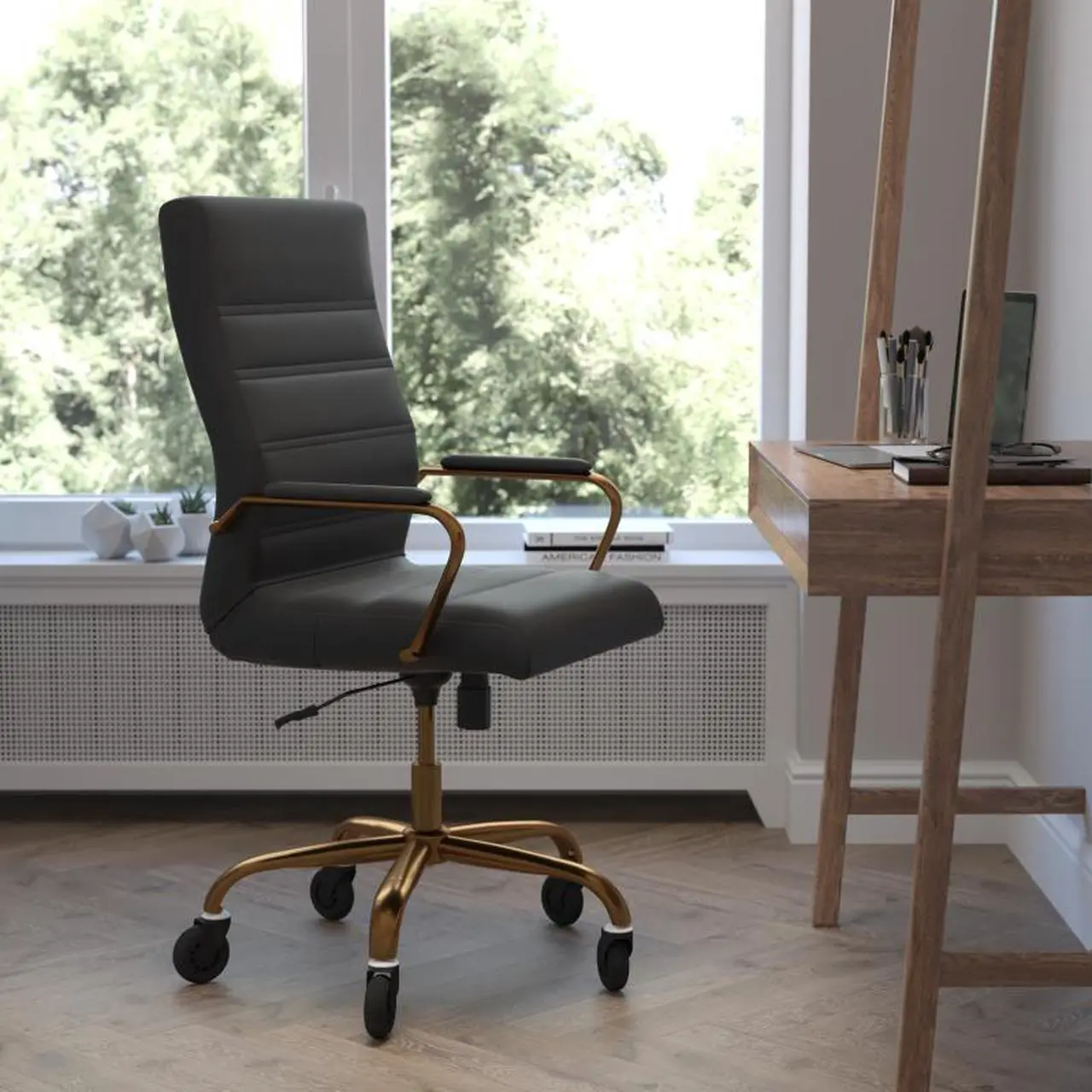 Alt view image 13 of 20 - Whitney High Back Black LeatherSoft Executive Swivel Office Chair with Gold Frame, Arms, and Transparent Roller Wheels
