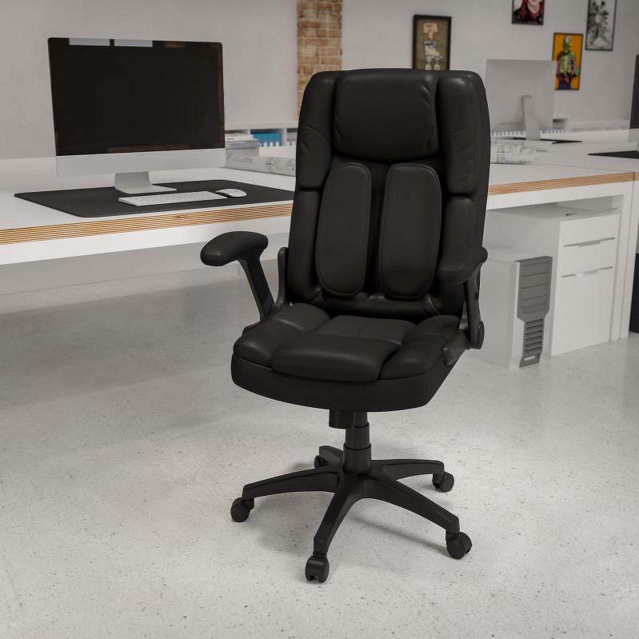 Alt view image 12 of 20 - Extreme Comfort High Back Black LeatherSoft Executive Swivel Ergonomic Office Chair with Flip-Up Arms