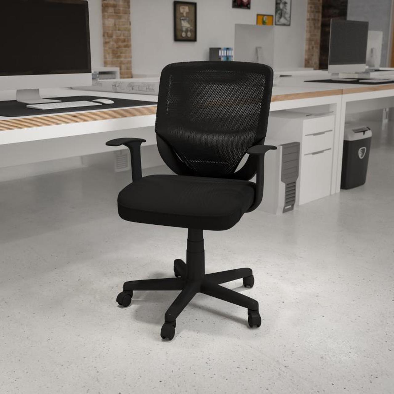 Alt view image 19 of 20 - Mid-Back Black Mesh Tapered Back Swivel Task Chair with T-Arms