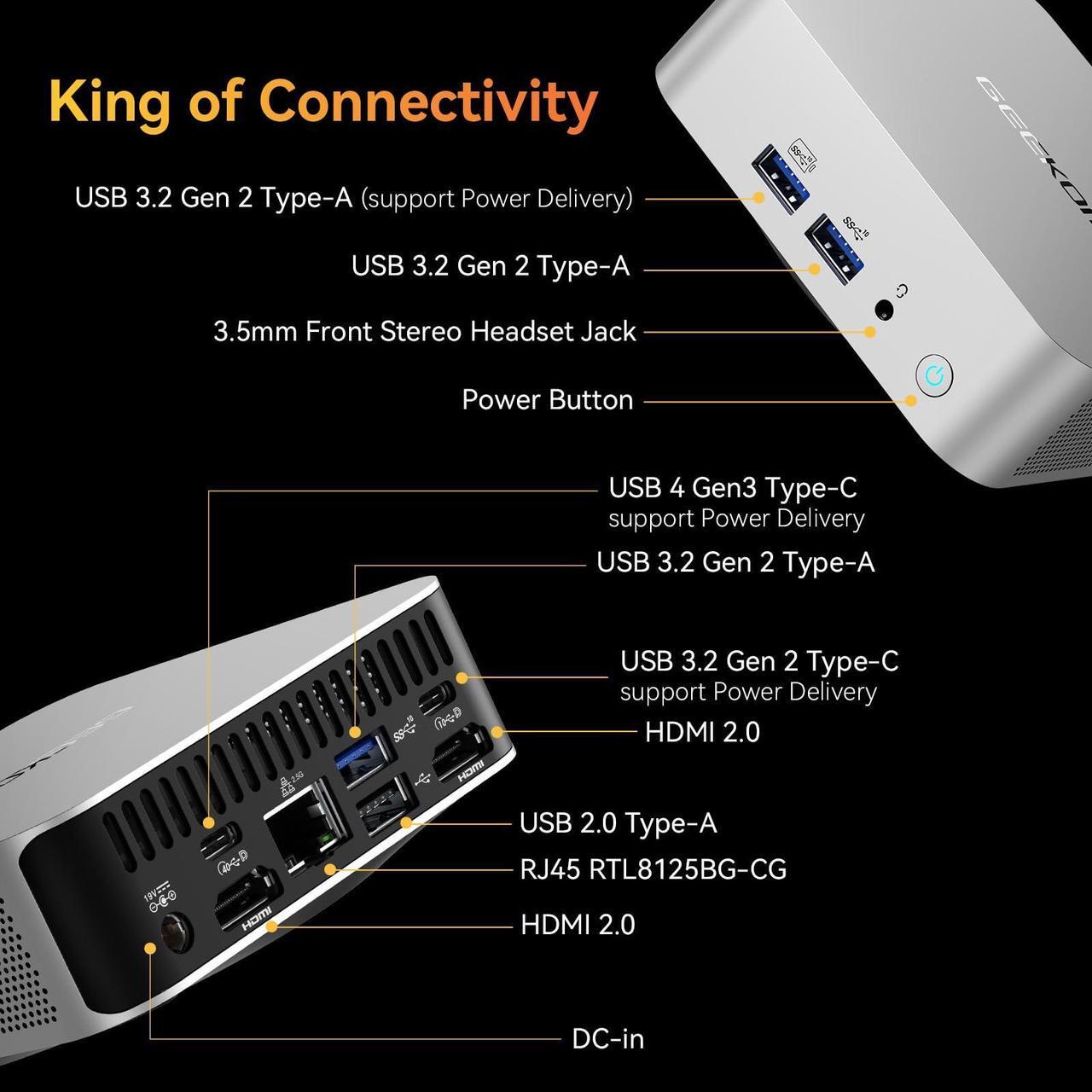Alt view image 7 of 7 - GEEKOM A8 Mini AI PC, AMD Ryzen 7 8845HS Mini Computers (up to 5.1GHz), 32GB DDR5 5600MHz RAM&1TB PCIe 4.0 SSD, Windows 11 Pro Mini Desktop, AMD Ryzen AI/Radeon 780M/WiFi 6E/BT5.2/USB4/8K/Quad Display