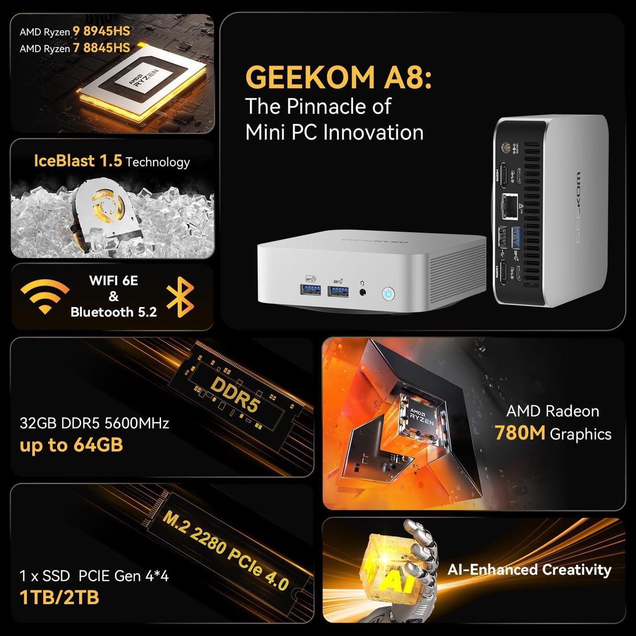 Alt view image 2 of 7 - GEEKOM A8 Mini AI PC, AMD Ryzen 7 8845HS Mini Computers (up to 5.1GHz), 32GB DDR5 5600MHz RAM&1TB PCIe 4.0 SSD, Windows 11 Pro Mini Desktop, AMD Ryzen AI/Radeon 780M/WiFi 6E/BT5.2/USB4/8K/Quad Display