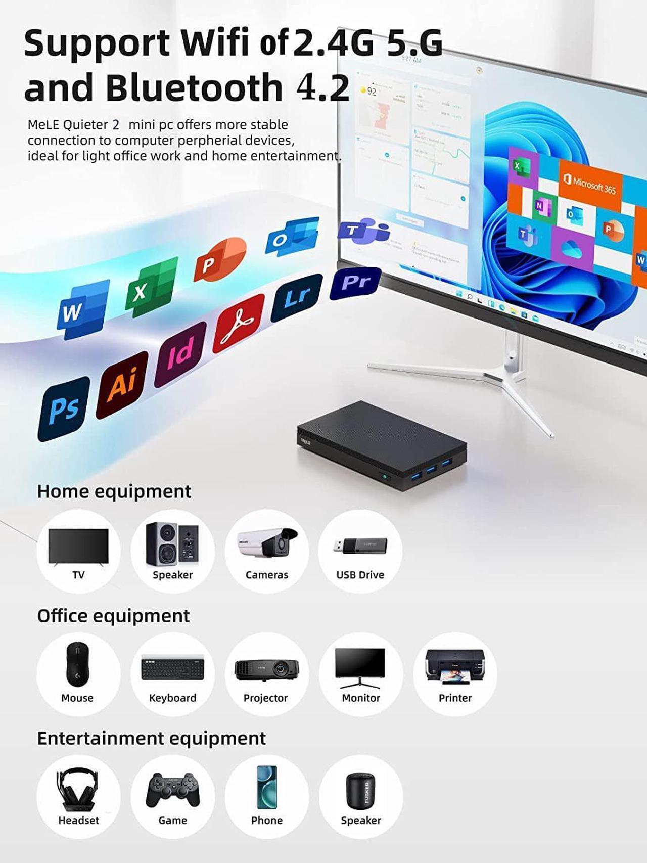 Alt view image 5 of 7 - MeLE Quieter2Q Fanless Mini PC Computer Windows 11 Pro J4125 4GB 64GB Dual HDMI 4K Display Portable Desktop for Business Astrophotography Media Office Support M.2 NVMe SATA 2280 SSD Win10 Linux