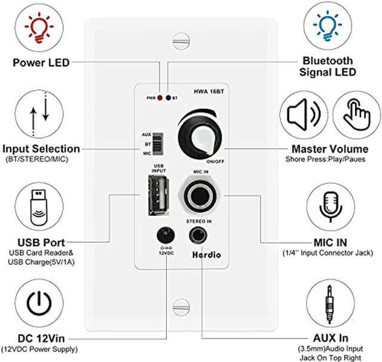 Alt view image 3 of 5 - Herdio 6.5 Inch in Ceiling Speakers 320W 2-Way Flush Mount with Bluetooth Wall Mount Amplifier Receiver Perfect for Home Theater Bathroom Living Room Kitchen Office(A Pair)