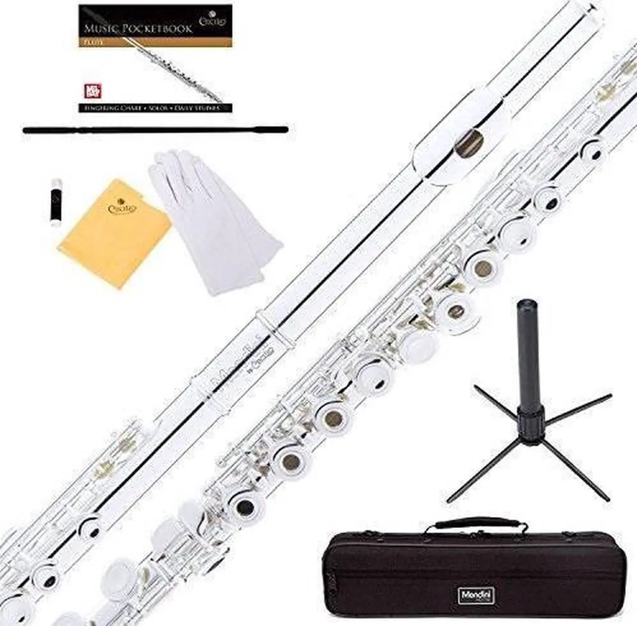 Main image of mendini by cecilio silver plated open hole c flute with italian pads, stand, pocketbook and deluxe case, mfe22s
