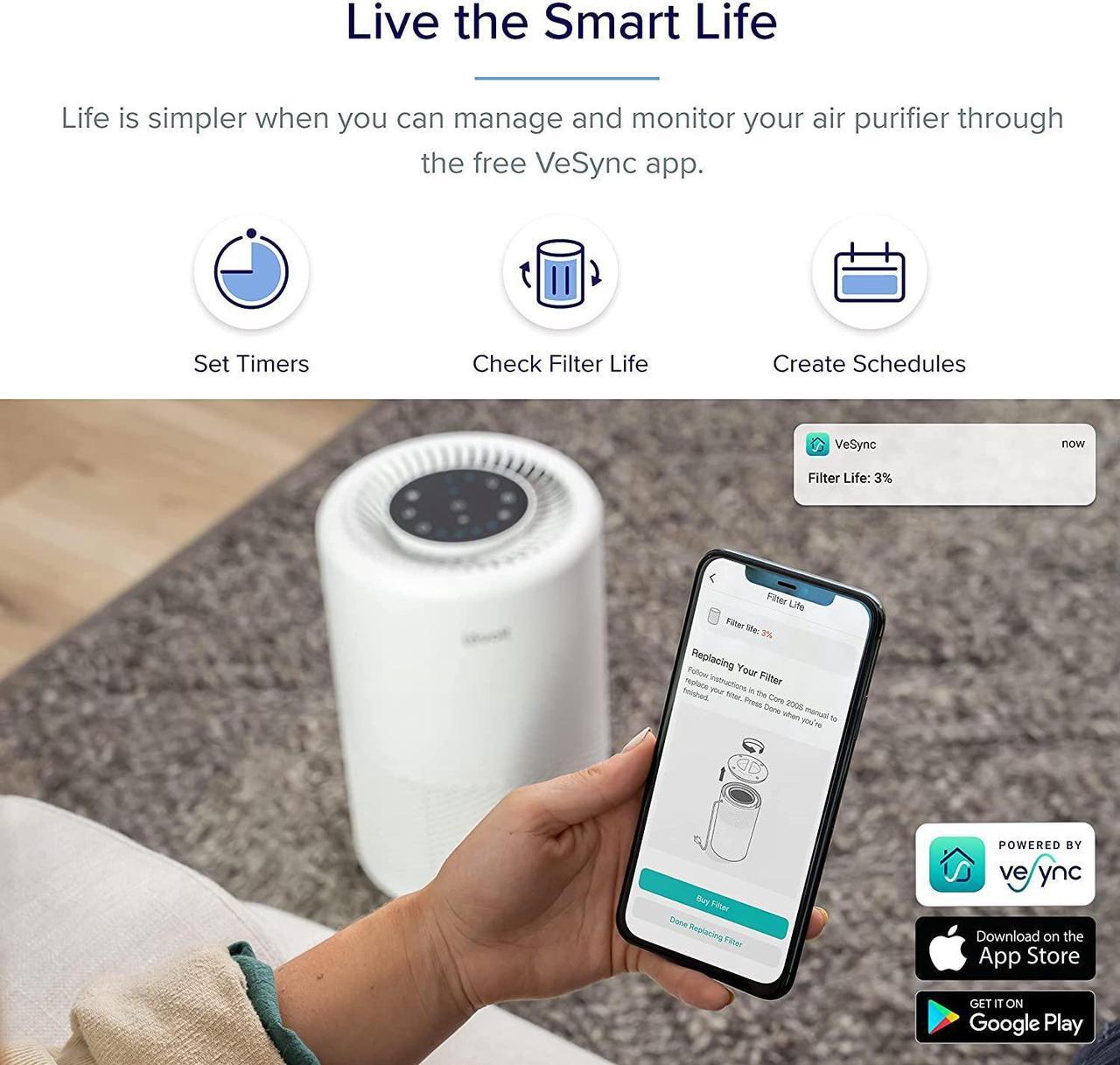 Alt view image 3 of 7 - Air Purifiers for Home Large Room, Smart WiFi Alexa Control, H13 True HEPA Filter for Allergies, Pets, Somke, Dust, Pollen, Ozone Free, 24dB Quiet Cleaner for Bedroom, Core 200S, White