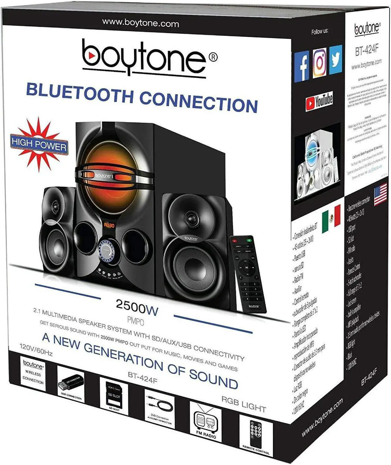 Main image of Boytone BT-324F, 2.1 Bluetooth Powerful Home Theater Speaker Systems, with FM Radio, SD USB Ports, Digital Play Back, 40 Watts, RGB Light, Full Function Remote Control, Smartphone, Tablet
