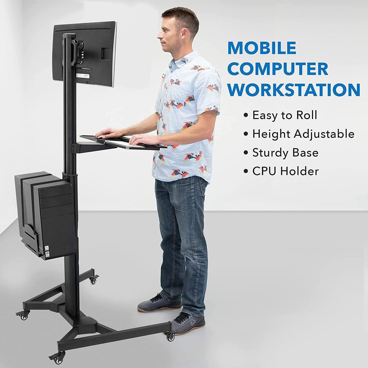 Alt view image 2 of 7 - Adjustable Mobile PC Workstation with Single Monitor Mount | Mobile Standing Computer Workstation with Adjustable Keyboard Tray and CPU Holder | Rolling Desk Fits 13 to 32 Inch Monitors