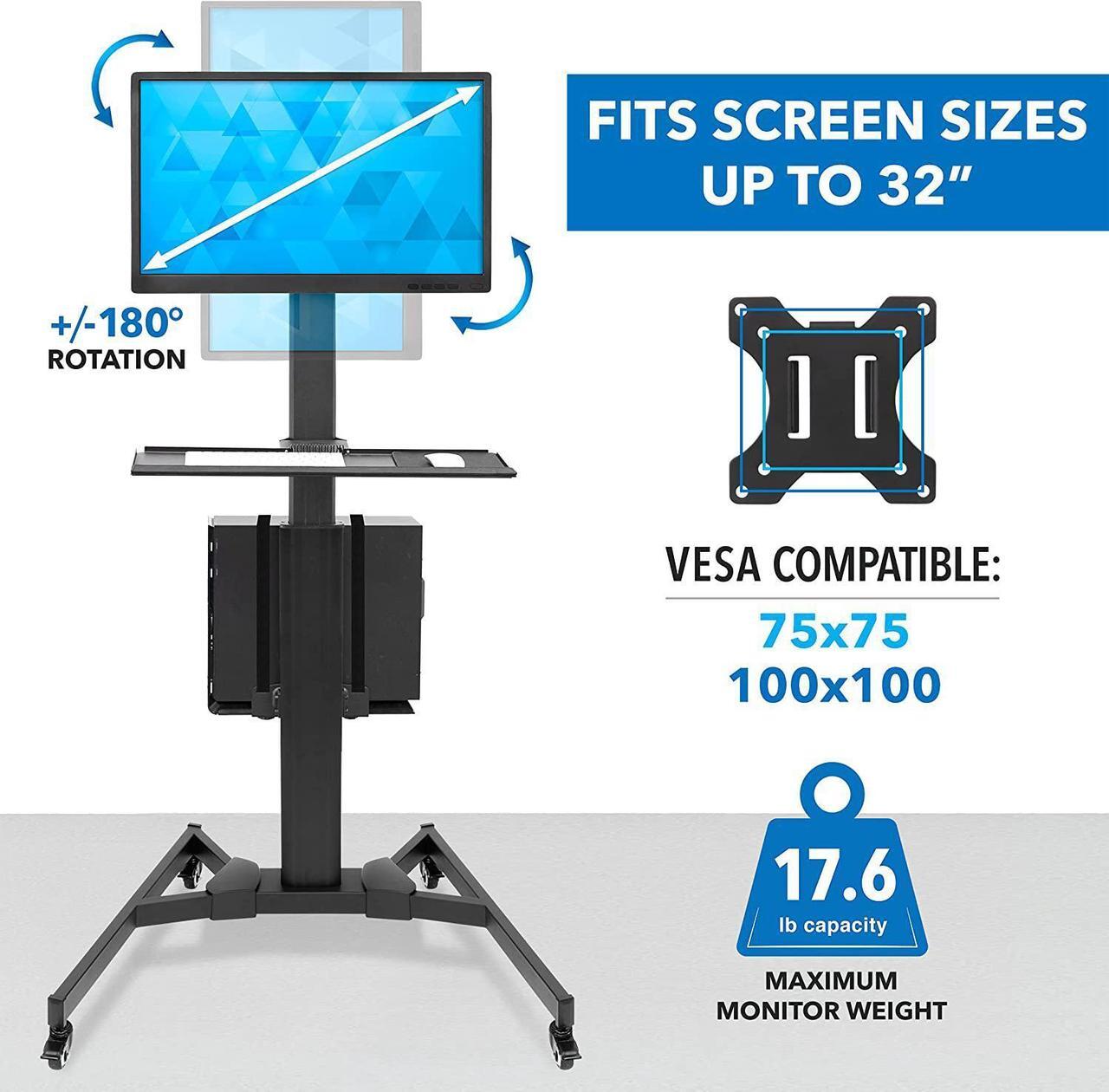 Alt view image 3 of 7 - Adjustable Mobile PC Workstation with Single Monitor Mount | Mobile Standing Computer Workstation with Adjustable Keyboard Tray and CPU Holder | Rolling Desk Fits 13 to 32 Inch Monitors