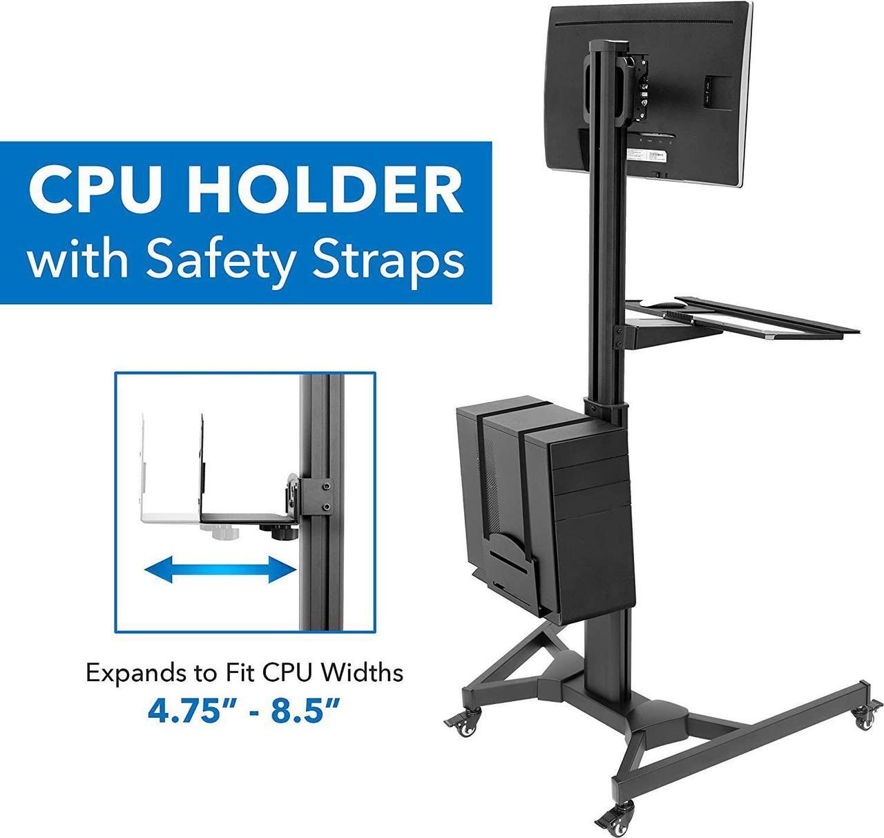 Alt view image 5 of 7 - Adjustable Mobile PC Workstation with Single Monitor Mount | Mobile Standing Computer Workstation with Adjustable Keyboard Tray and CPU Holder | Rolling Desk Fits 13 to 32 Inch Monitors