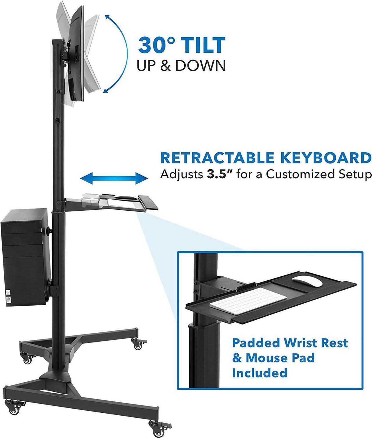 Alt view image 6 of 7 - Adjustable Mobile PC Workstation with Single Monitor Mount | Mobile Standing Computer Workstation with Adjustable Keyboard Tray and CPU Holder | Rolling Desk Fits 13 to 32 Inch Monitors