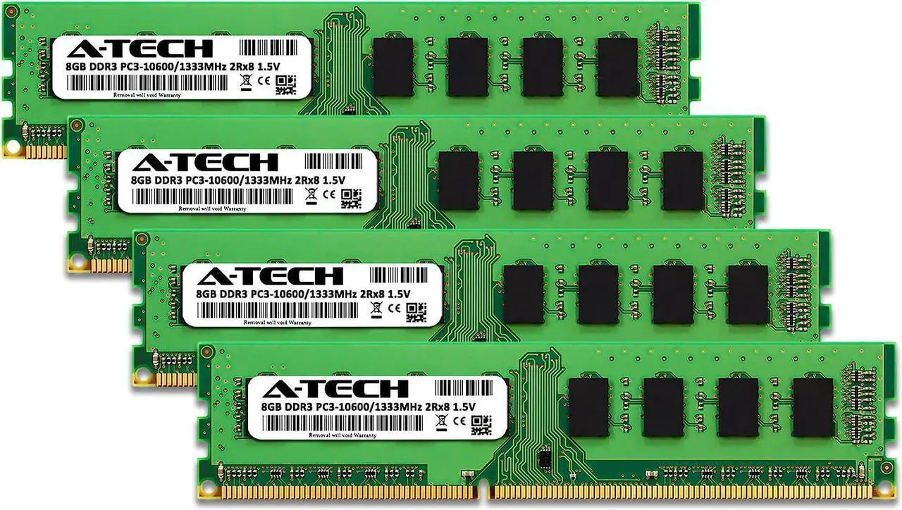 Alt view image 2 of 7 - A-Tech RAM 32GB Kit (4x8GB) DDR3 1333 MHz PC3-10600 DIMM - Desktop Computer Memory - CL9 2Rx8 1.5V 240-Pin UDIMM Non-ECC Unbuffered Upgrade Modules