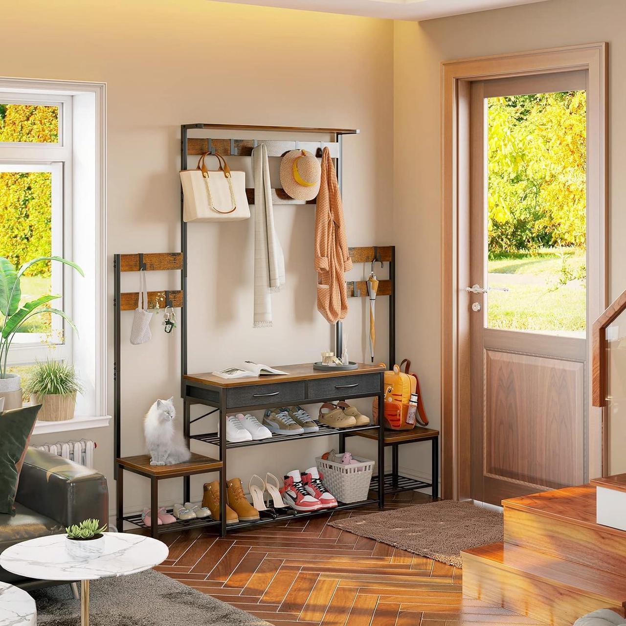Alt view image 2 of 7 - Parent-Child Hall Tree with Bench and Shoe Storage, Freestanding Coat Rack with Drawers, Entryway Rack with Metal Frame and Hooks, for Entrance, Foyer, Mudroom