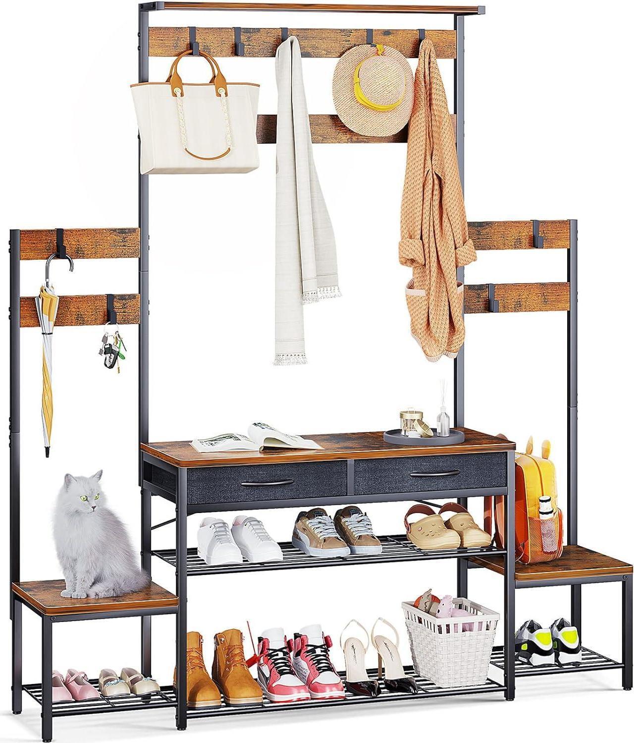 Main image of Parent-Child Hall Tree with Bench and Shoe Storage, Freestanding Coat Rack with Drawers, Entryway Rack with Metal Frame and Hooks, for Entrance, Foyer, Mudroom