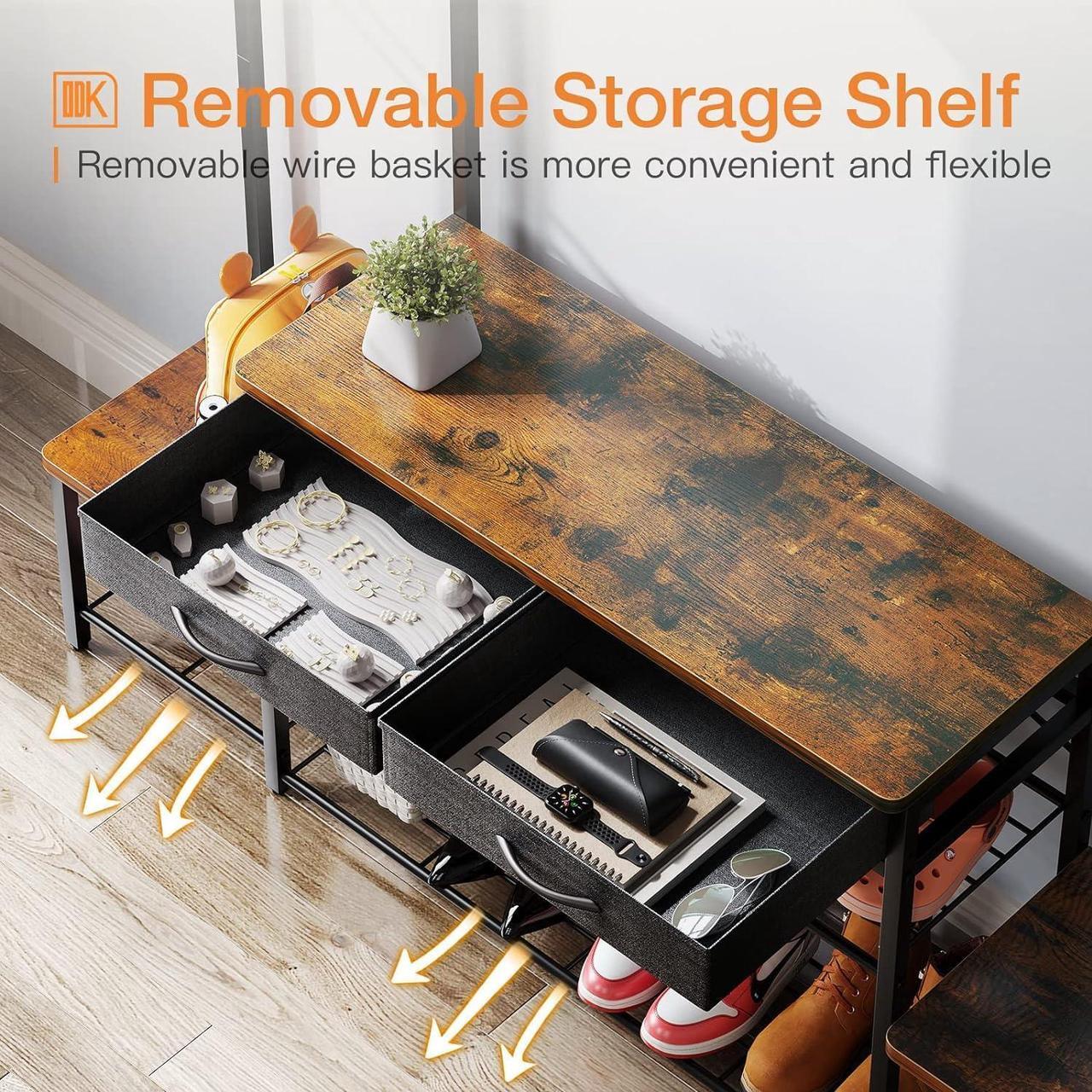 Alt view image 3 of 7 - Parent-Child Hall Tree with Bench and Shoe Storage, Freestanding Coat Rack with Drawers, Entryway Rack with Metal Frame and Hooks, for Entrance, Foyer, Mudroom