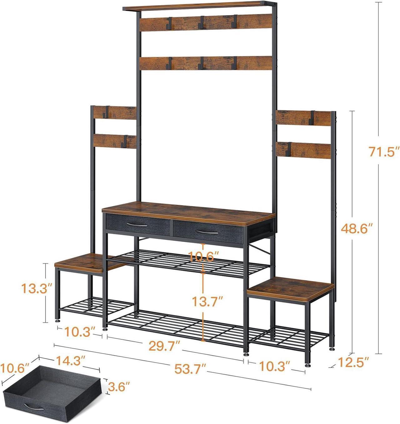 Alt view image 6 of 7 - Parent-Child Hall Tree with Bench and Shoe Storage, Freestanding Coat Rack with Drawers, Entryway Rack with Metal Frame and Hooks, for Entrance, Foyer, Mudroom