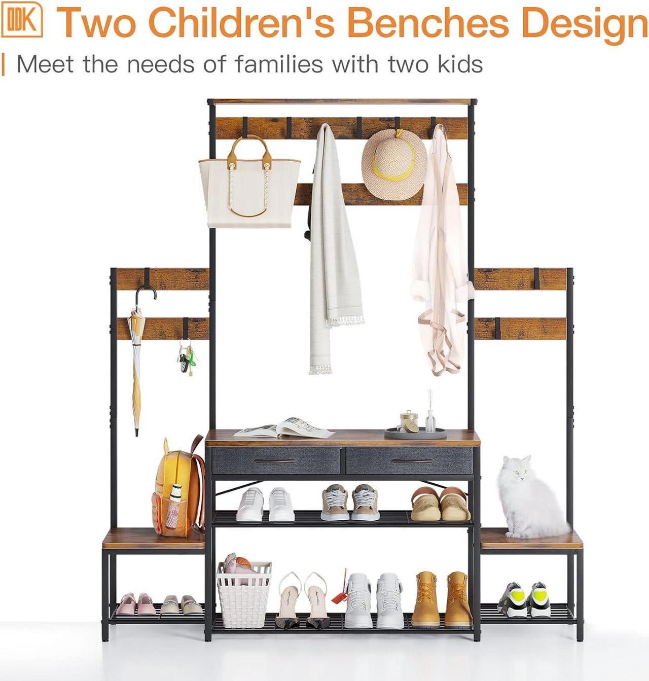Alt view image 4 of 7 - Parent-Child Hall Tree with Bench and Shoe Storage, Freestanding Coat Rack with Drawers, Entryway Rack with Metal Frame and Hooks, for Entrance, Foyer, Mudroom