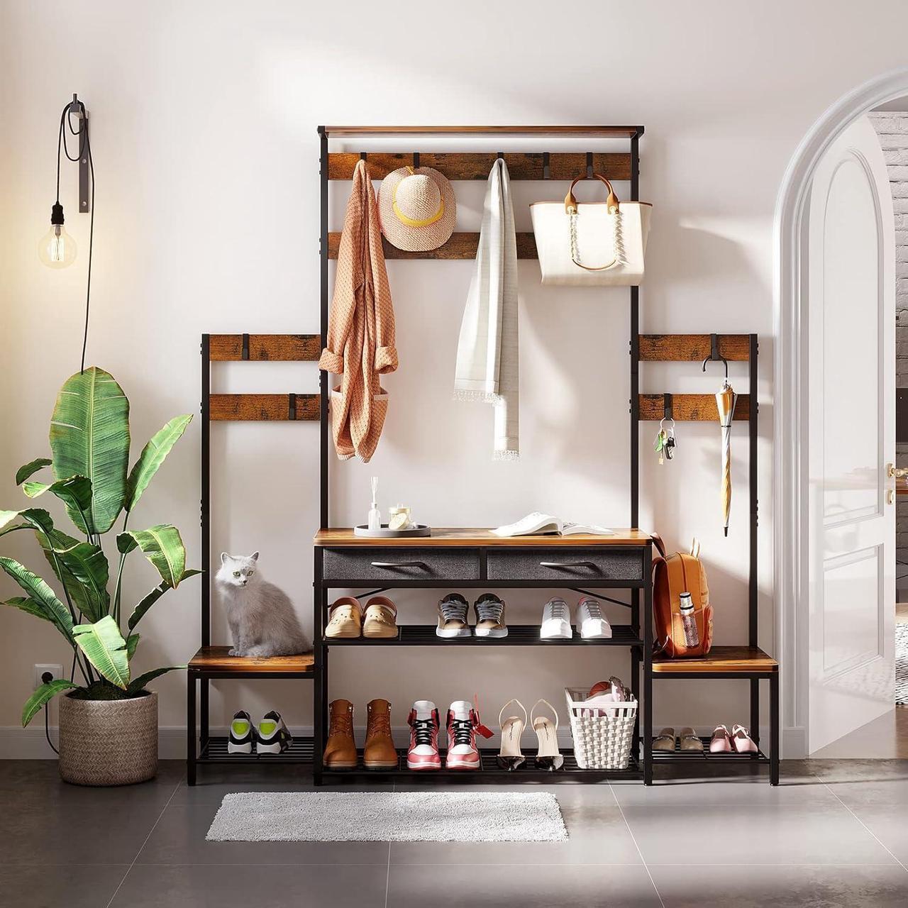 Alt view image 7 of 7 - Parent-Child Hall Tree with Bench and Shoe Storage, Freestanding Coat Rack with Drawers, Entryway Rack with Metal Frame and Hooks, for Entrance, Foyer, Mudroom