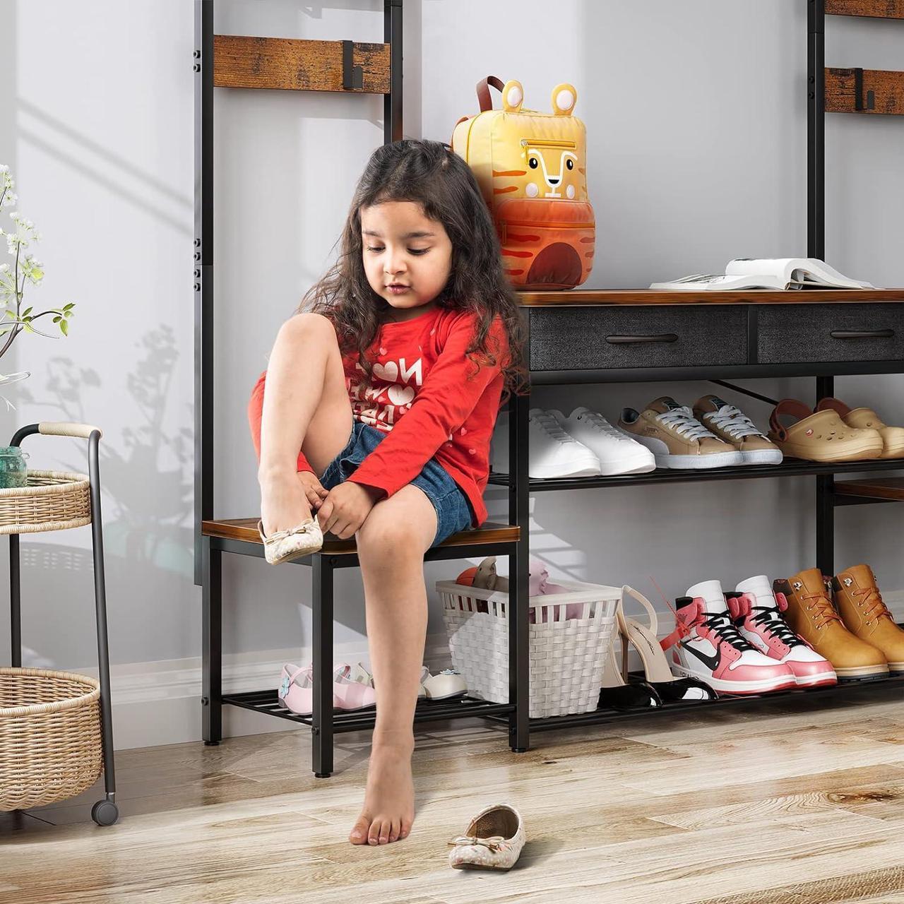 Alt view image 5 of 7 - Parent-Child Hall Tree with Bench and Shoe Storage, Freestanding Coat Rack with Drawers, Entryway Rack with Metal Frame and Hooks, for Entrance, Foyer, Mudroom
