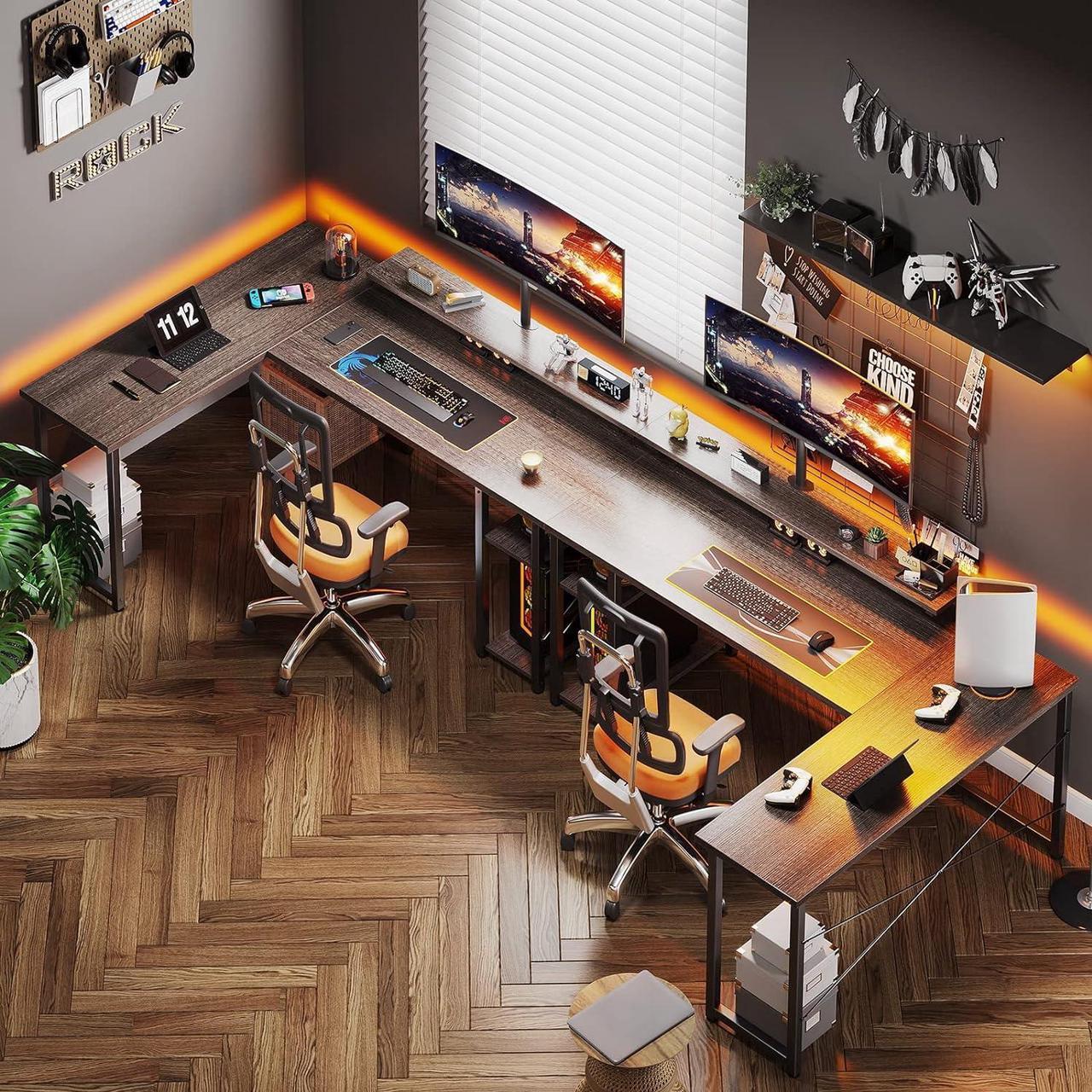 Alt view image 4 of 7 - L Shaped Gaming Desk, 61'' Corner Computer Desk with Monitor Stand & Storage Shelf, Sturdy Home Office Desk, Writing Desk Table, Work Desk, Black