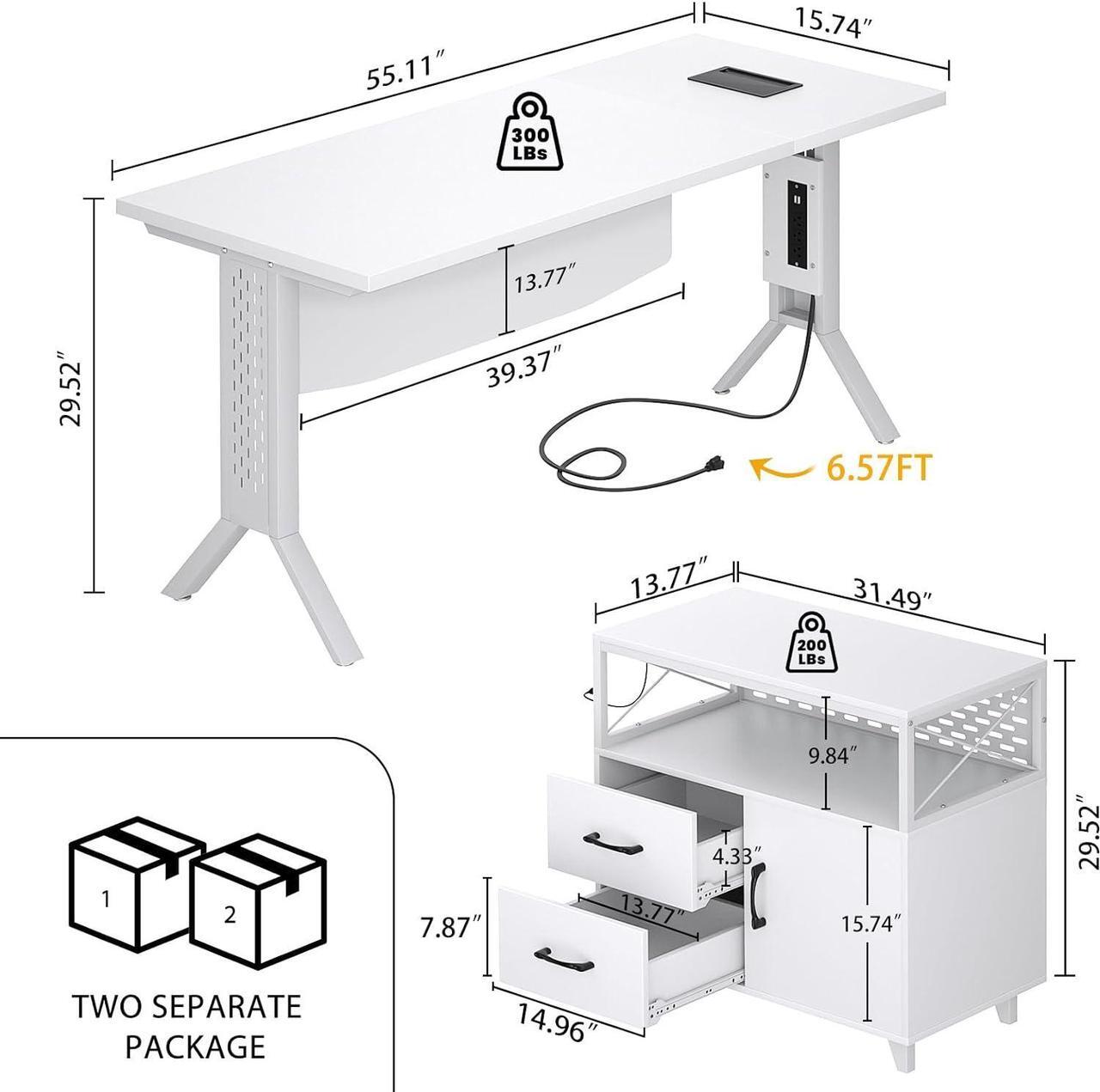 Alt view image 2 of 6 - L Shaped Office Desk with Storage Cabinet and Recessed Power Strip LED Strip, 55 Inch Thickened Heavy Duty Executive Computer Desk with 2 Drawers and 1 Door Cabinet, White