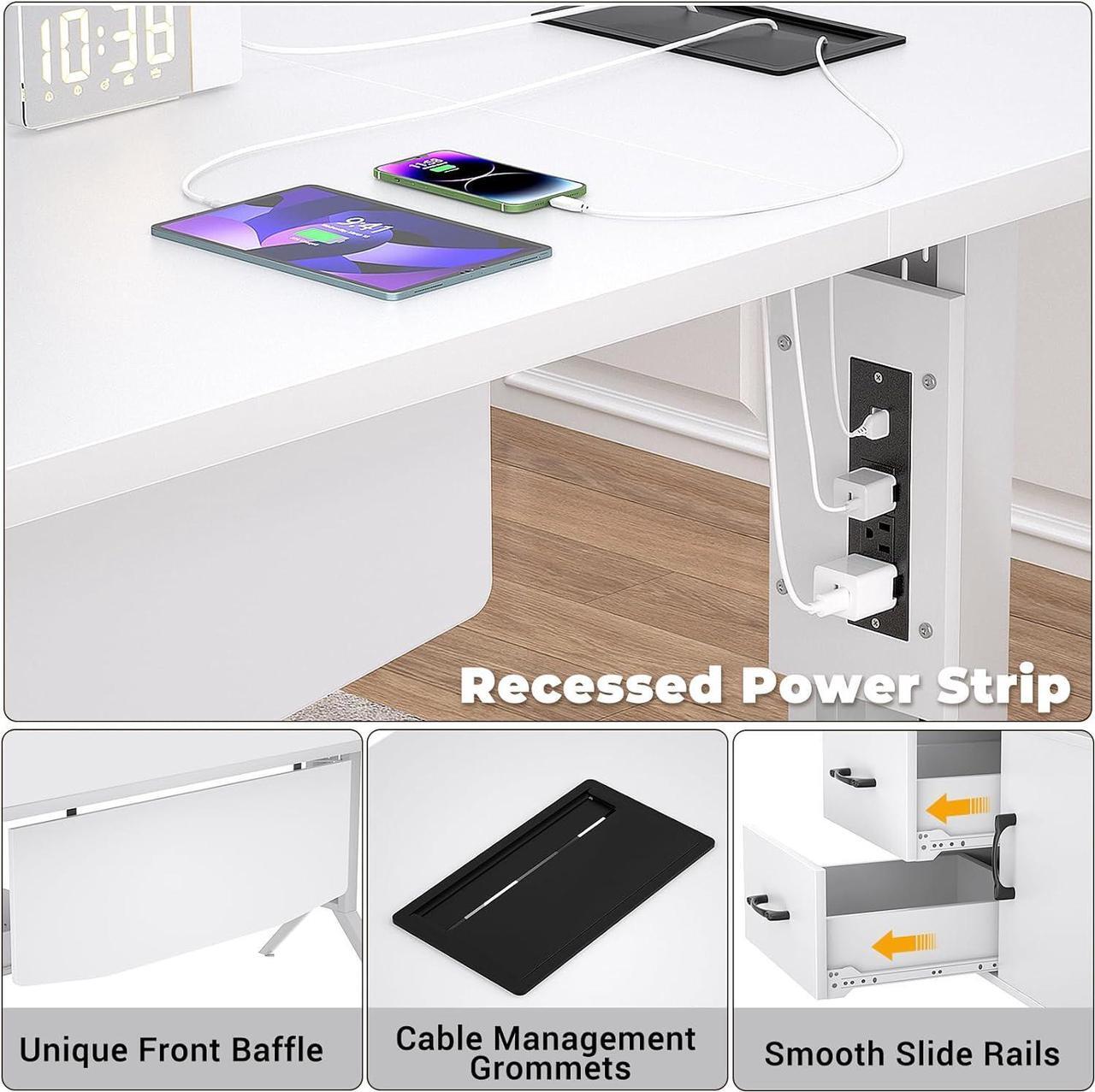 Alt view image 3 of 6 - L Shaped Office Desk with Storage Cabinet and Recessed Power Strip LED Strip, 55 Inch Thickened Heavy Duty Executive Computer Desk with 2 Drawers and 1 Door Cabinet, White