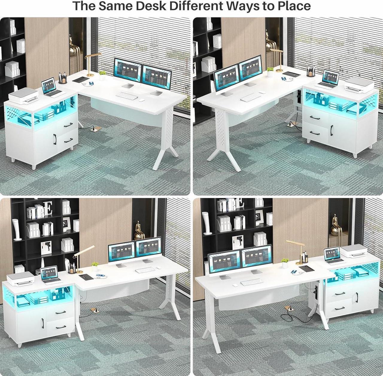 Alt view image 5 of 6 - L Shaped Office Desk with Storage Cabinet and Recessed Power Strip LED Strip, 55 Inch Thickened Heavy Duty Executive Computer Desk with 2 Drawers and 1 Door Cabinet, White