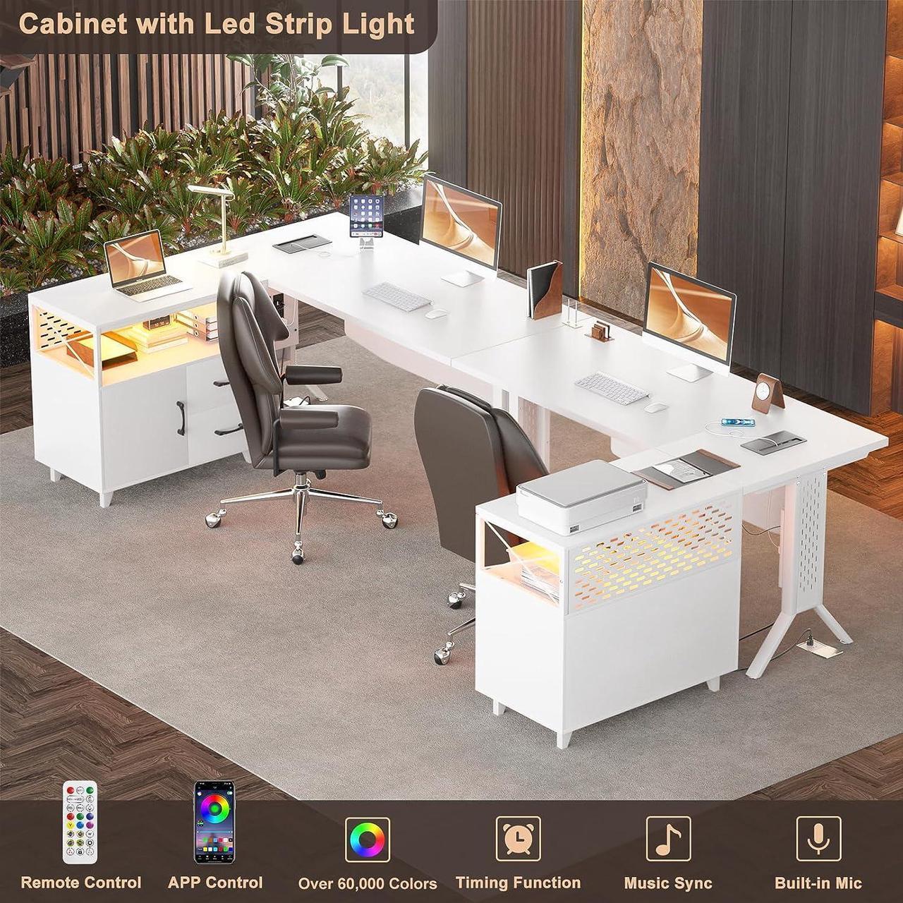 Alt view image 6 of 6 - L Shaped Office Desk with Storage Cabinet and Recessed Power Strip LED Strip, 55 Inch Thickened Heavy Duty Executive Computer Desk with 2 Drawers and 1 Door Cabinet, White