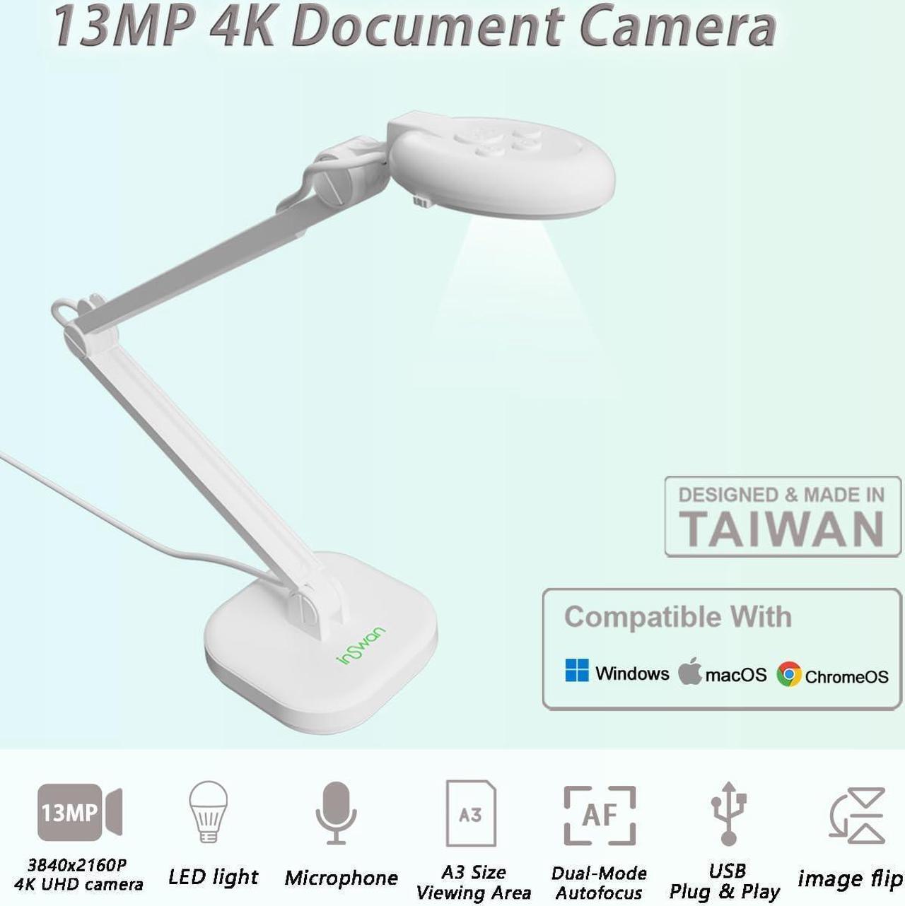 Alt view image 3 of 6 - INS-2 USB Document Camera 13MP 4K Ultra HD A3-Size Capture, Dual-Mode Autofocus, LED Light, Microphone; Mac OS, Windows, Chromebook Compatible for Remote Teaching, Web Conferencing, Live Demo