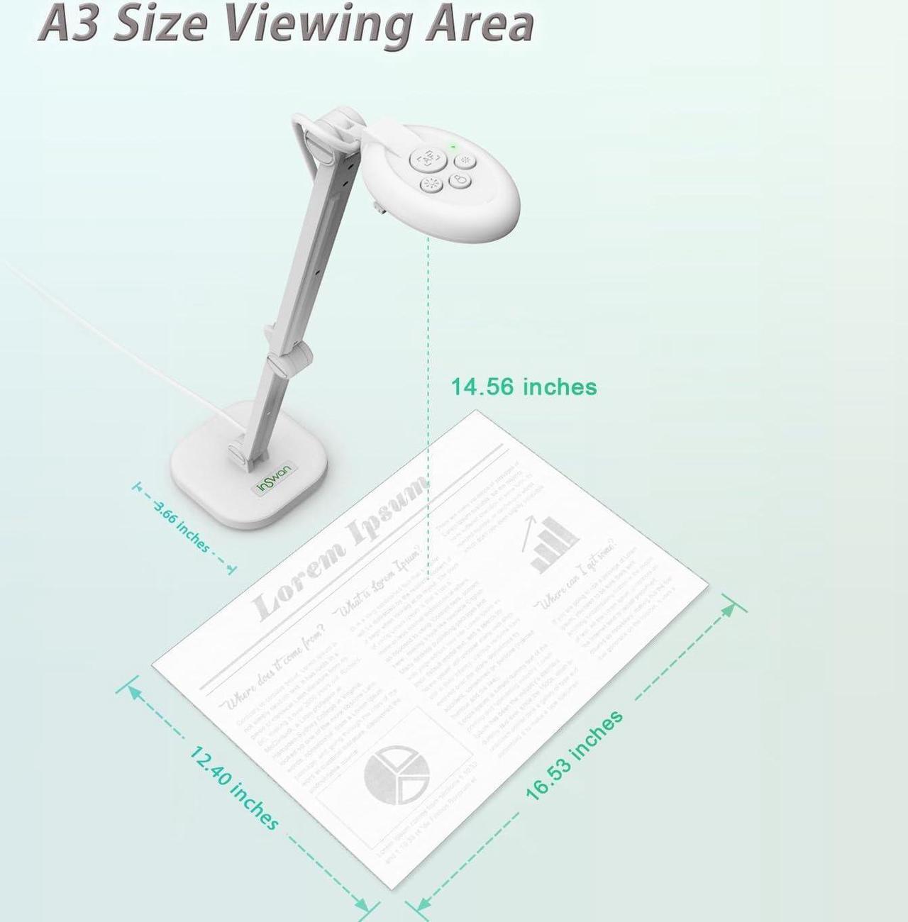 Alt view image 5 of 6 - INS-2 USB Document Camera 13MP 4K Ultra HD A3-Size Capture, Dual-Mode Autofocus, LED Light, Microphone; Mac OS, Windows, Chromebook Compatible for Remote Teaching, Web Conferencing, Live Demo