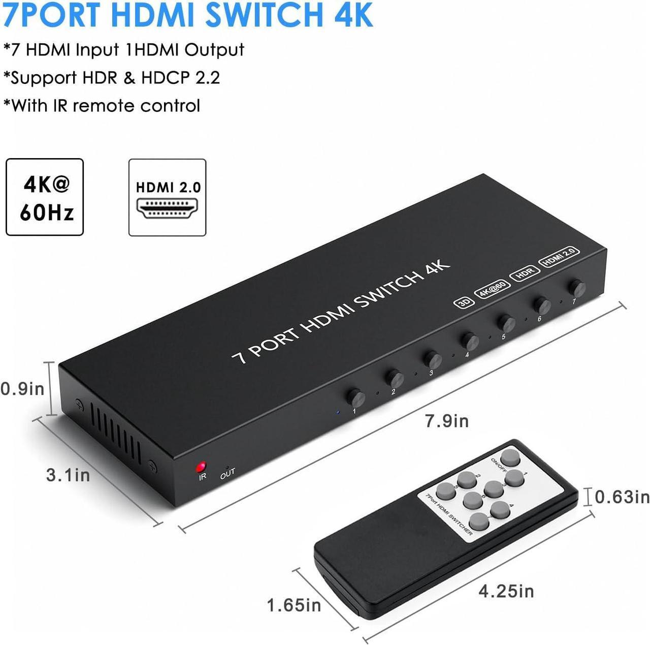 Alt view image 4 of 6 - HDMI Switch 4K@60Hz, 7In 1Out HDMI Switcher Selector with IR Remote Supports Full HD 4K/1080P/3D & HDCP 2.2 for Switch,Xbox,PS4/PS5,Fire Stick,Roku, TV etc. (HDMI 7Input 1Output)