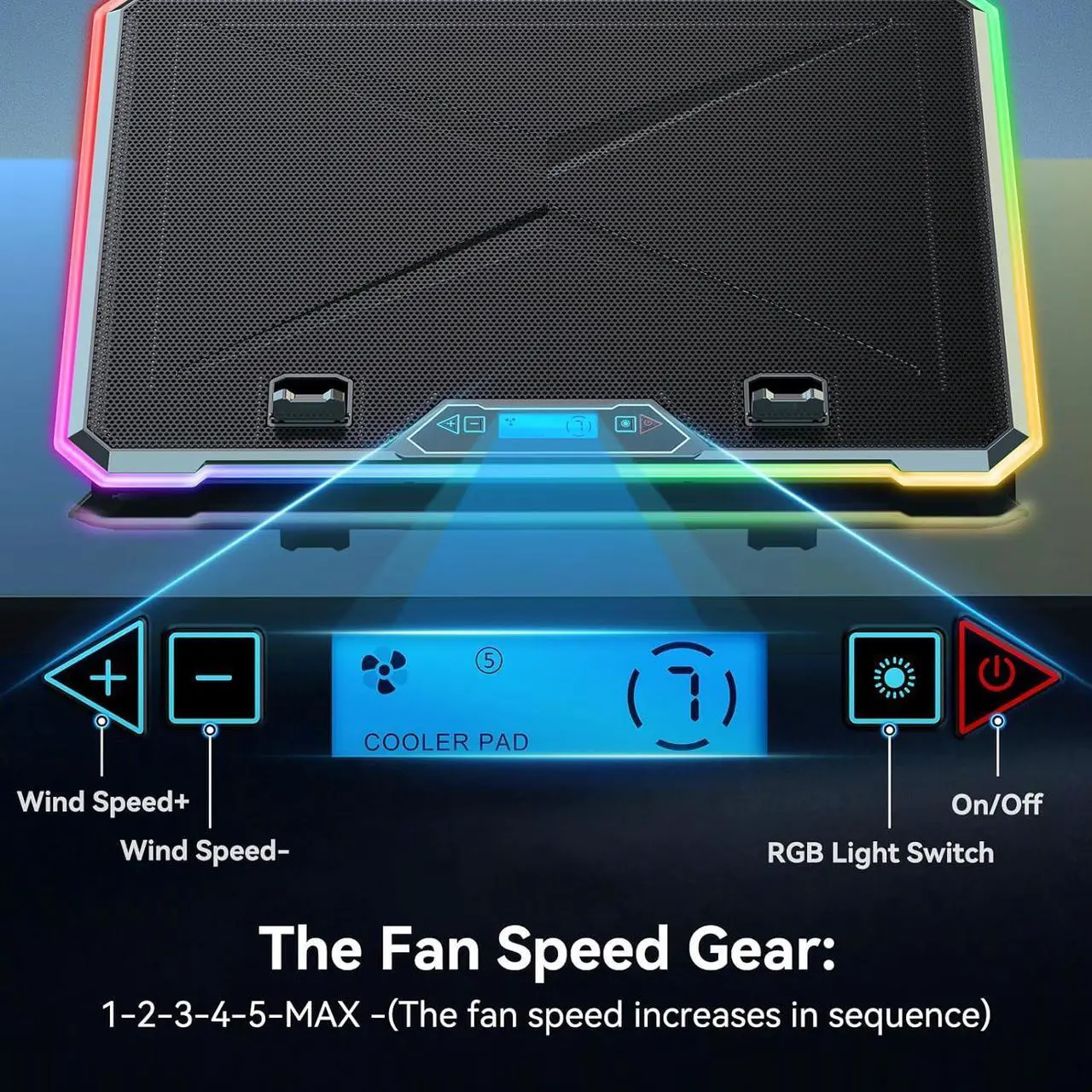 Alt view image 3 of 7 - Aluminum Alloy Laptop Cooling PadRGB Gaming Laptop Cooler with 6 Quiet Cooling Fans for 15.6-17.3 inch laptops, 9 Height Stand, LCD Screen, 4 USB Ports with 1 3.0HUB 2 2.0HUB, Lap Desk Use