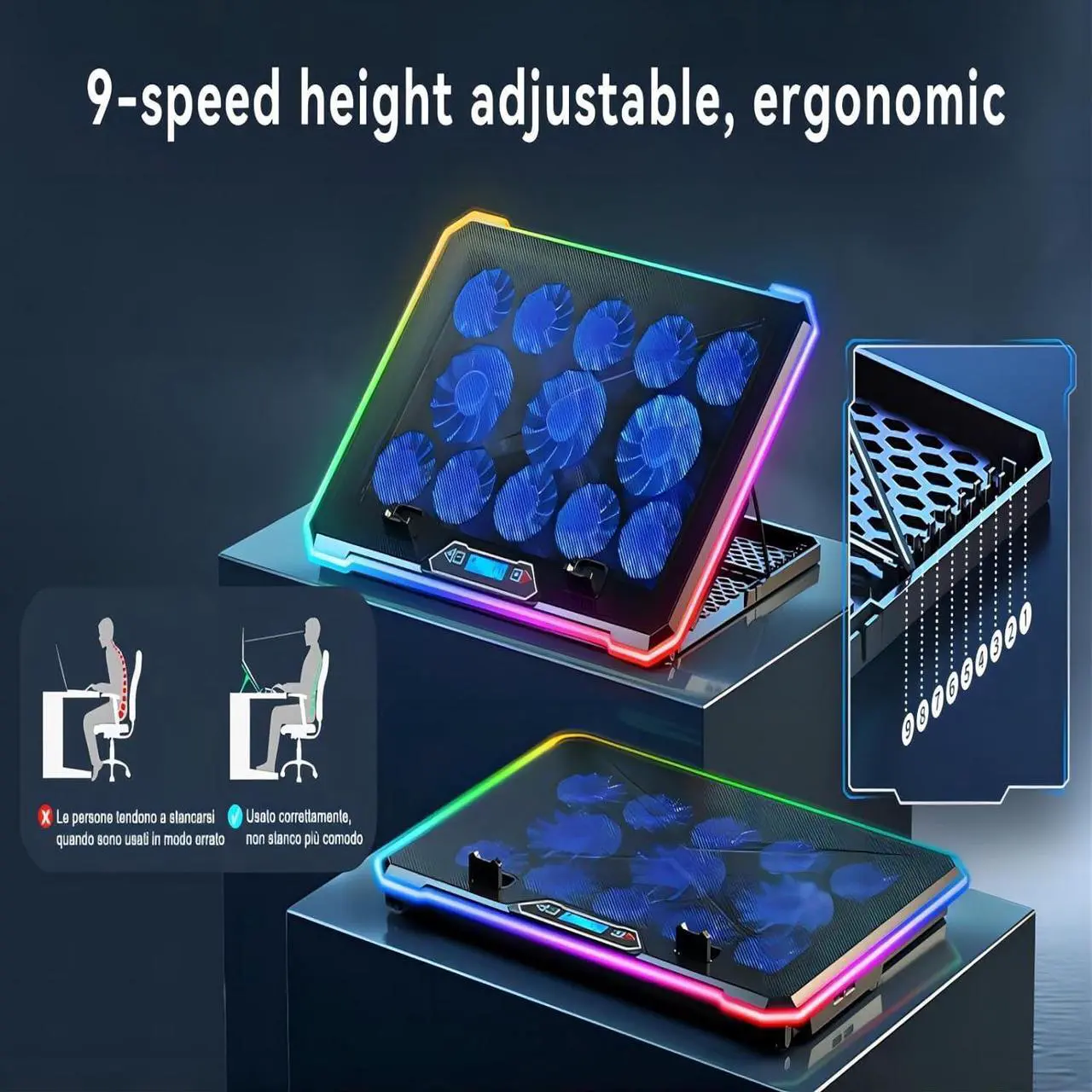 Alt view image 7 of 7 - Aluminum Alloy Laptop Cooling PadRGB Gaming Laptop Cooler with 6 Quiet Cooling Fans for 15.6-17.3 inch laptops, 9 Height Stand, LCD Screen, 4 USB Ports with 1 3.0HUB 2 2.0HUB, Lap Desk Use